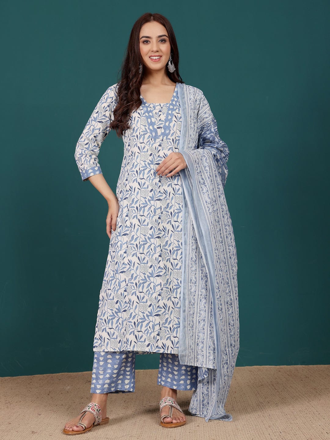 The Kurti Collection Women Ethnic Floral Printed V Neck Straight Kurta With Trouser & Dupatta