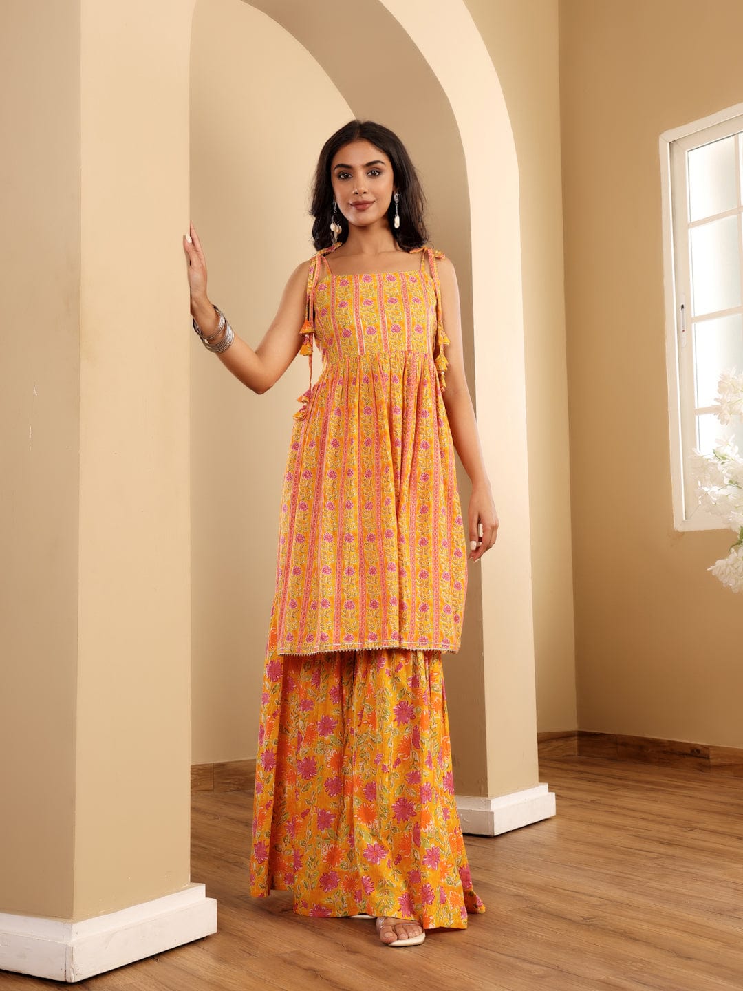 The Kurti Collection Women Floral Printed Strappy Flared Kurta With Sharara & Dupatta