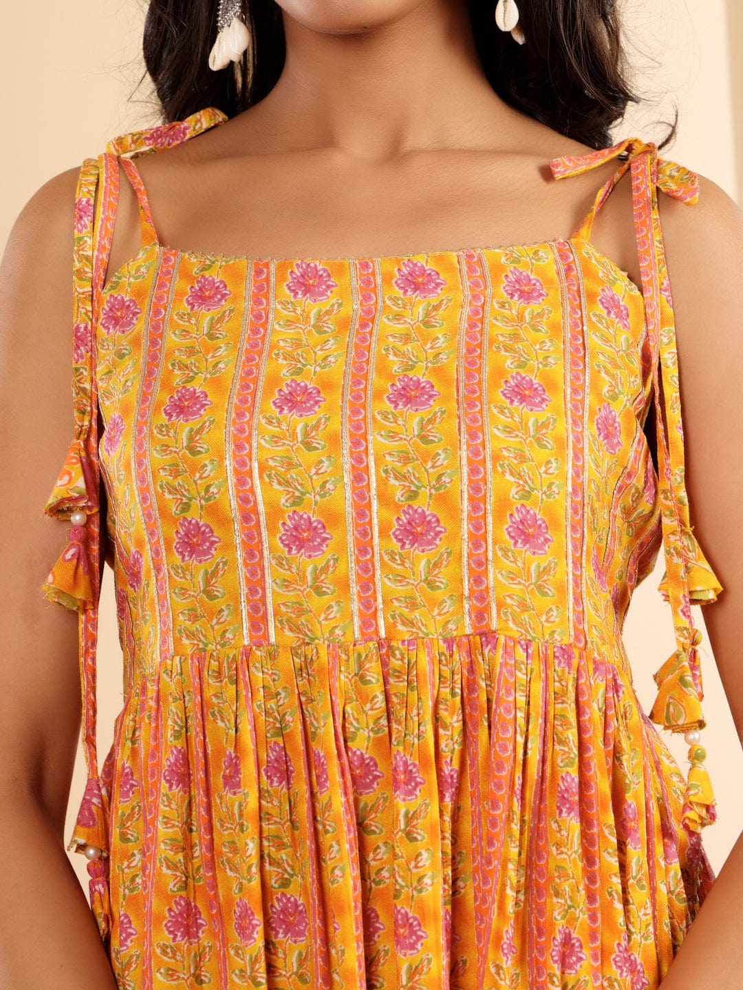 The Kurti Collection Women Floral Printed Strappy Flared Kurta With Sharara & Dupatta