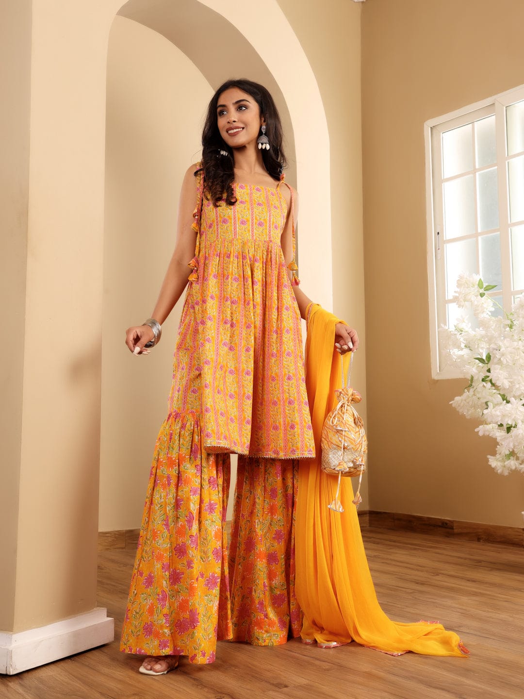 The Kurti Collection Women Floral Printed Strappy Flared Kurta With Sharara & Dupatta