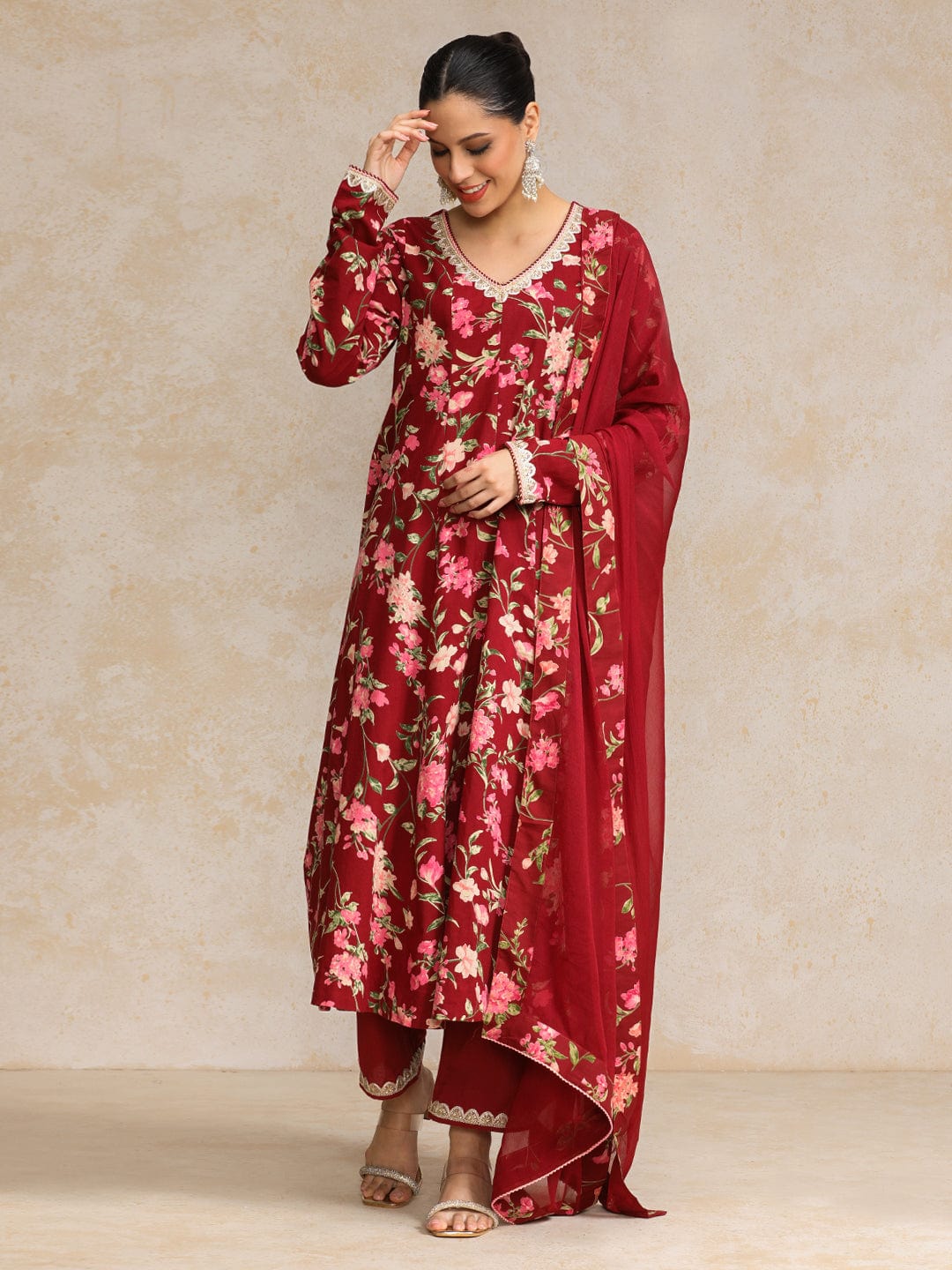 Floral Printed V Neck Anarkali Kurta With Trouser & Dupatta
