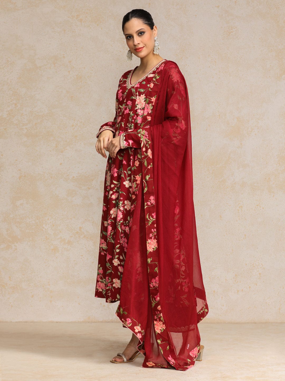 Floral Printed V Neck Anarkali Kurta With Trouser & Dupatta