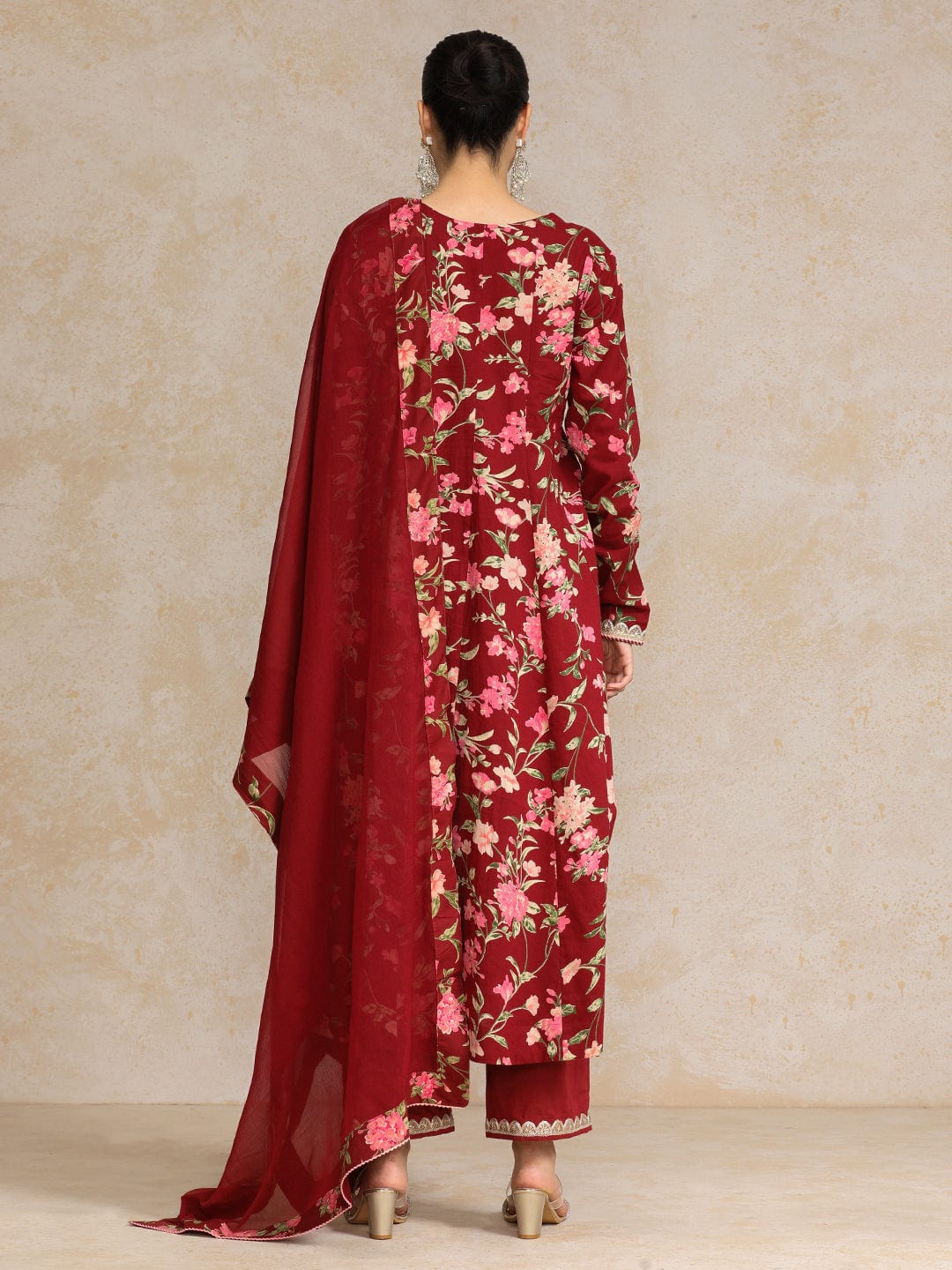 Floral Printed V Neck Anarkali Kurta With Trouser & Dupatta