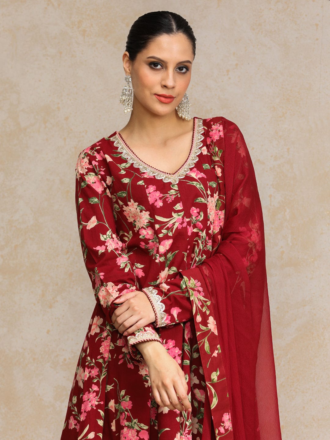 Floral Printed V Neck Anarkali Kurta With Trouser & Dupatta