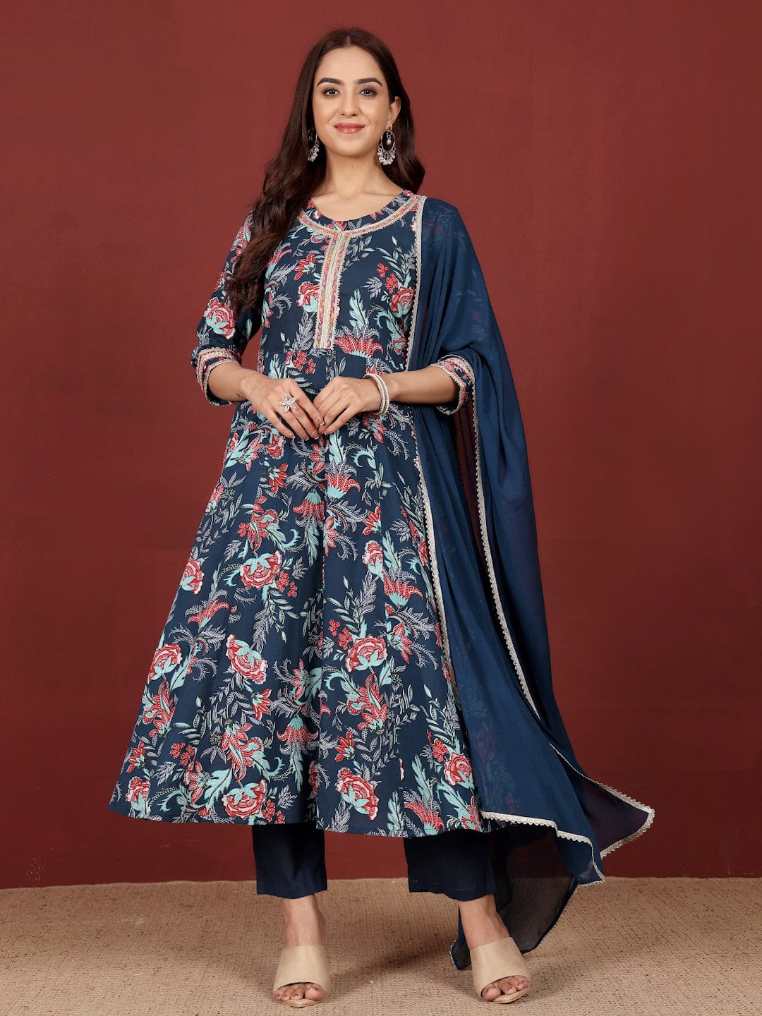 The Kurti Collection Women Floral Printed Zari Detailed Anarkali Kurta With Trouser & Dupatta