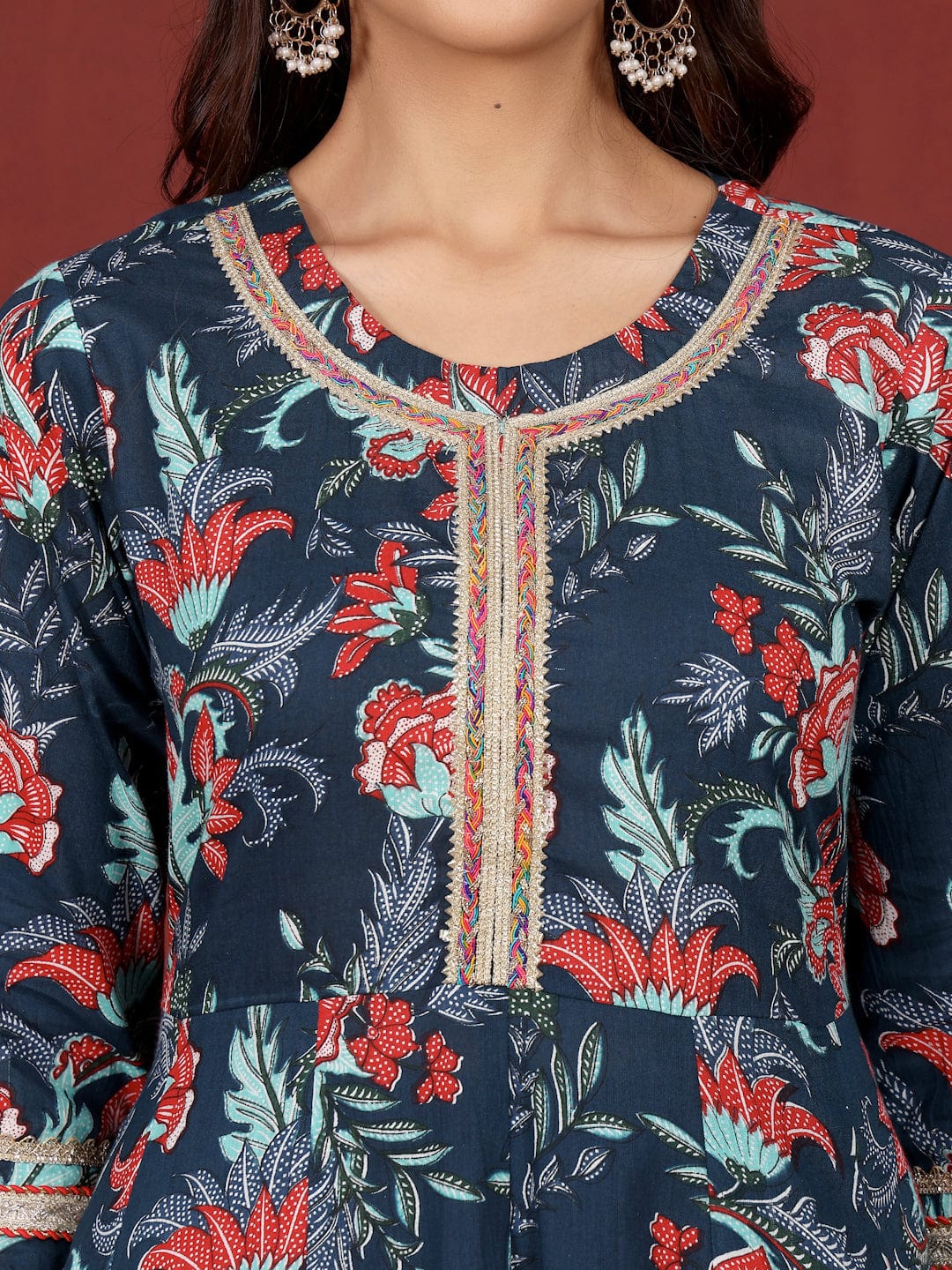 The Kurti Collection Women Floral Printed Zari Detailed Anarkali Kurta With Trouser & Dupatta