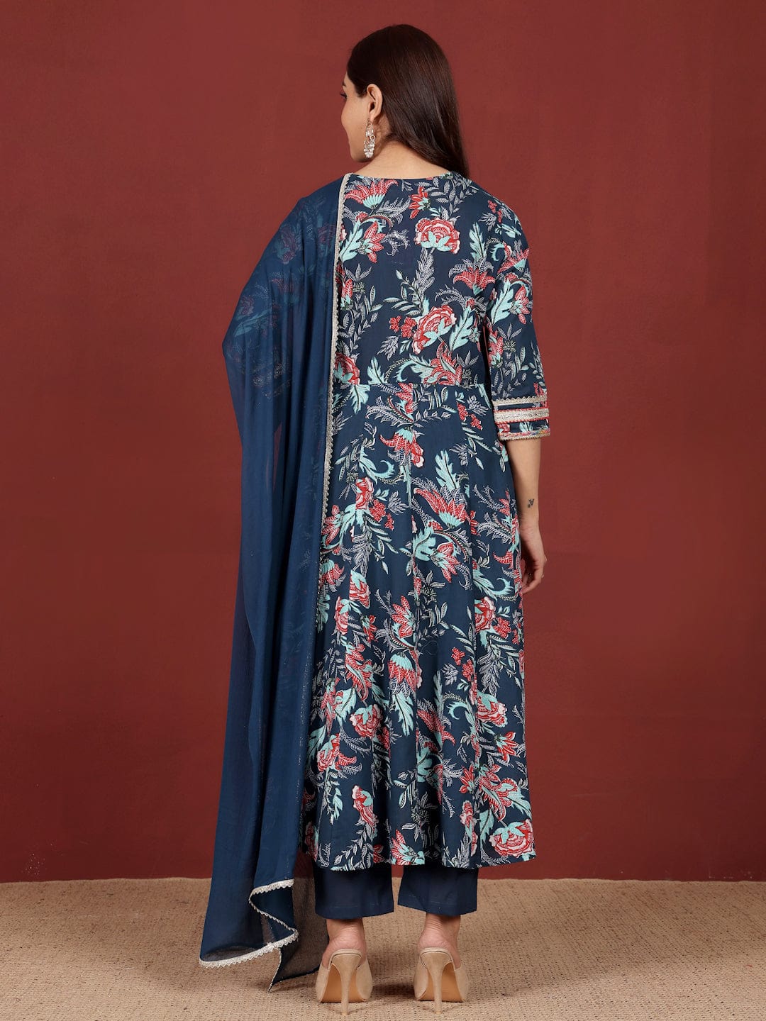 The Kurti Collection Women Floral Printed Zari Detailed Anarkali Kurta With Trouser & Dupatta