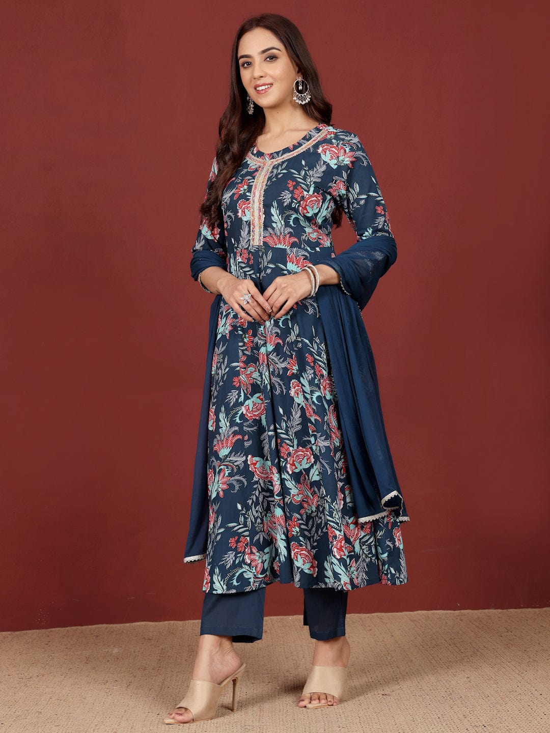 The Kurti Collection Women Floral Printed Zari Detailed Anarkali Kurta With Trouser & Dupatta