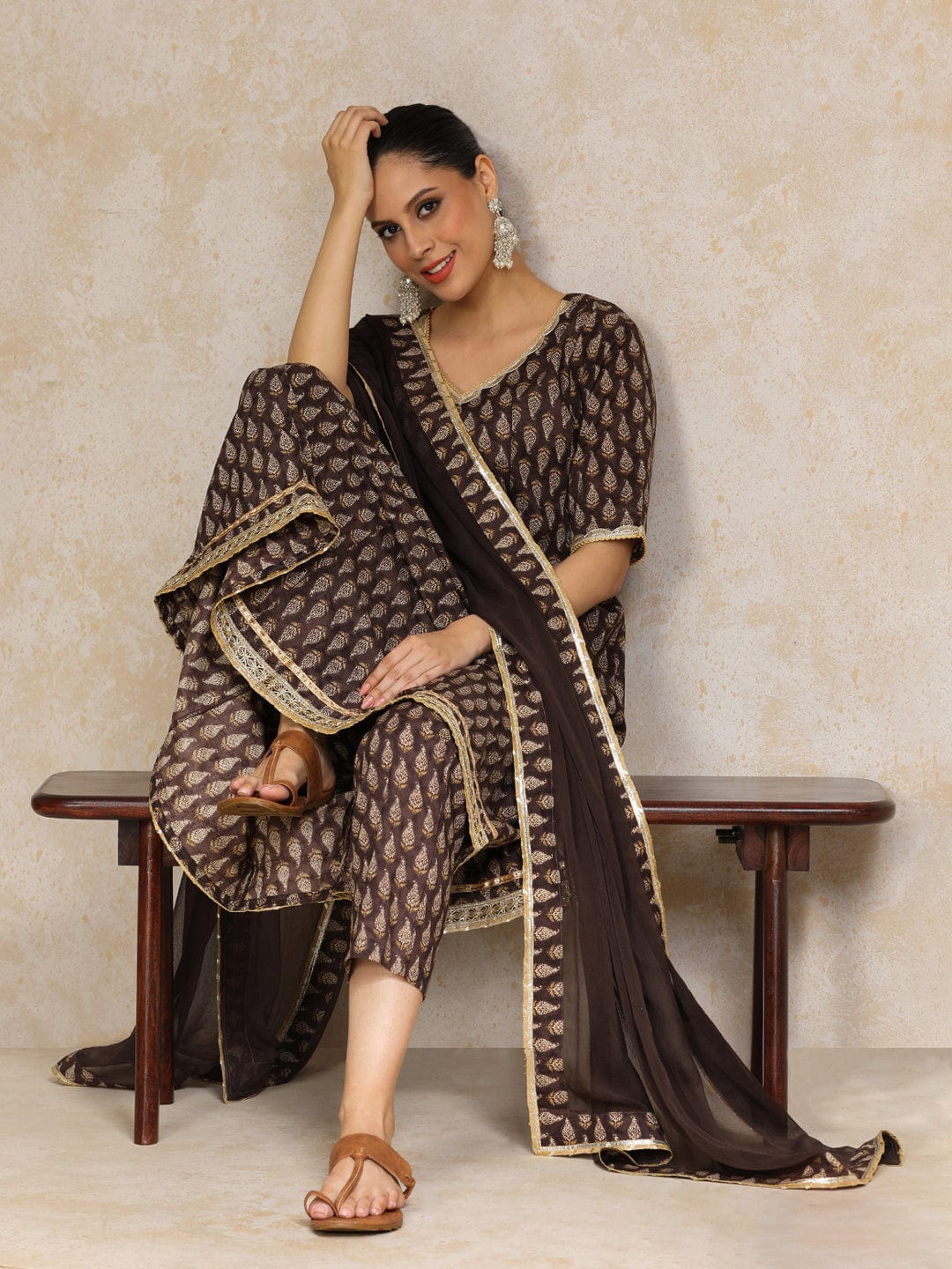 Ethnic Jaipuri Printed V Neck Sequin Detailed Anarkali With Trouser & Dupatta