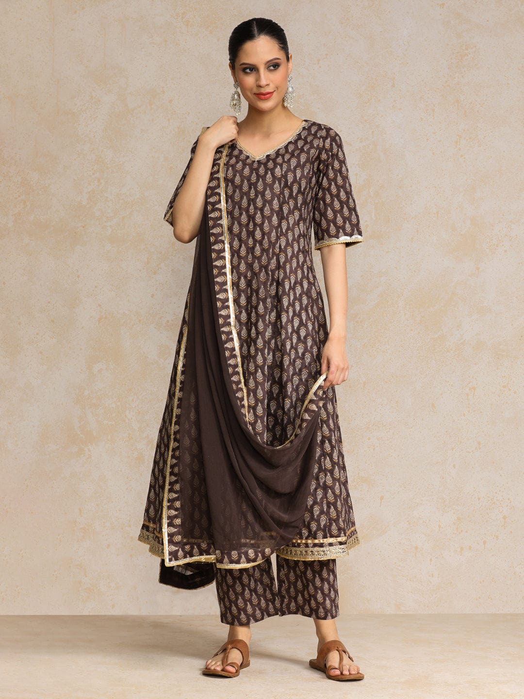 Ethnic Jaipuri Printed V Neck Sequin Detailed Anarkali With Trouser & Dupatta