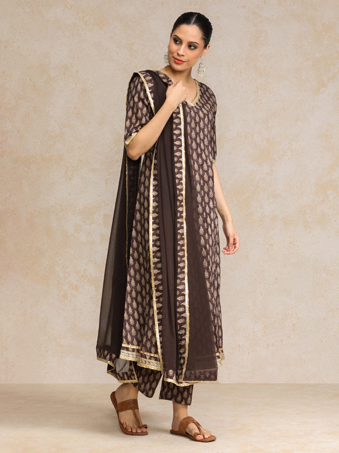 Ethnic Jaipuri Printed V Neck Sequin Detailed Anarkali With Trouser & Dupatta