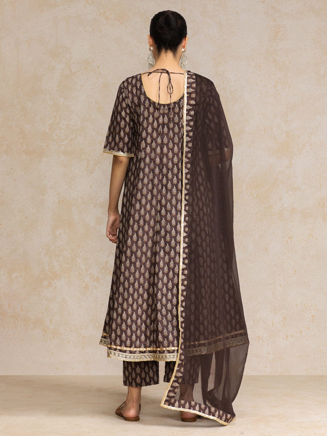 Ethnic Jaipuri Printed V Neck Sequin Detailed Anarkali With Trouser & Dupatta