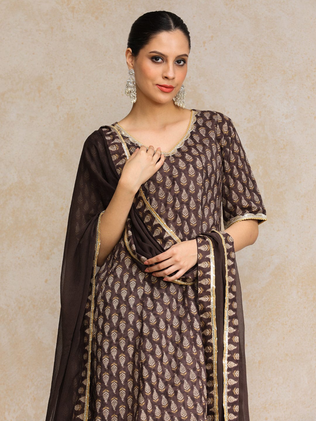Ethnic Jaipuri Printed V Neck Sequin Detailed Anarkali With Trouser & Dupatta