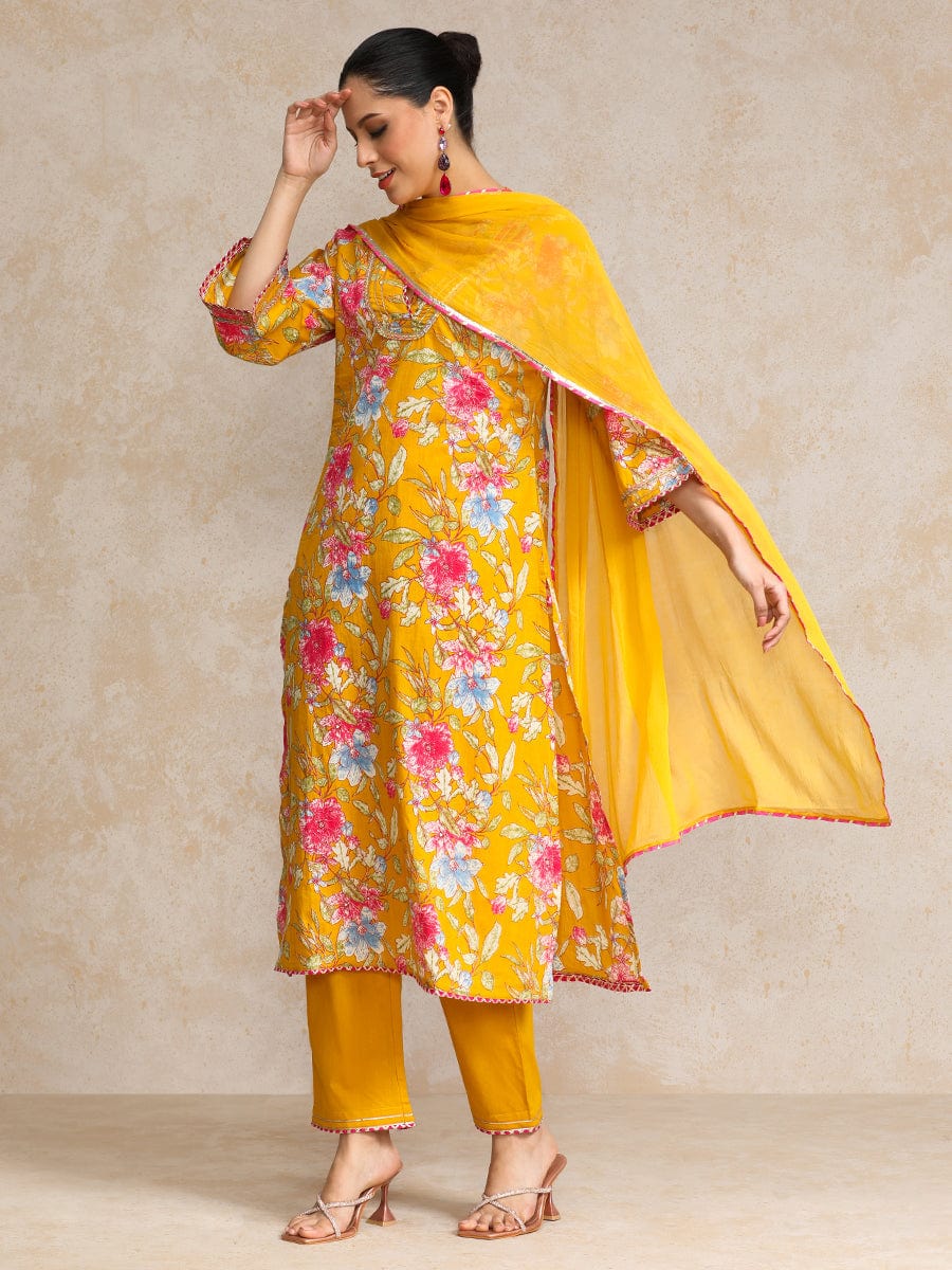 Floral Printed Boho Look Flared Sleeve Kurta With Trouser & Dupatta