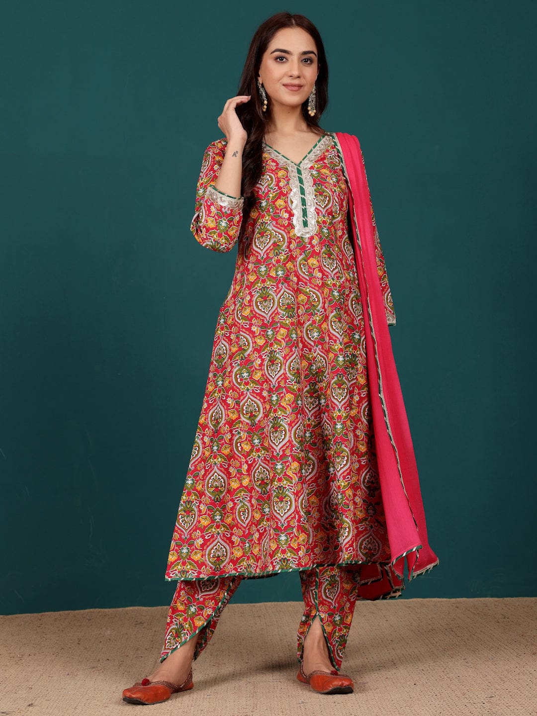 The Kurti Collection Women Ethnic Floral Printed Zari & Sequin Lace Anarkali Kurta With Dhoti Trouser & Dupatta
