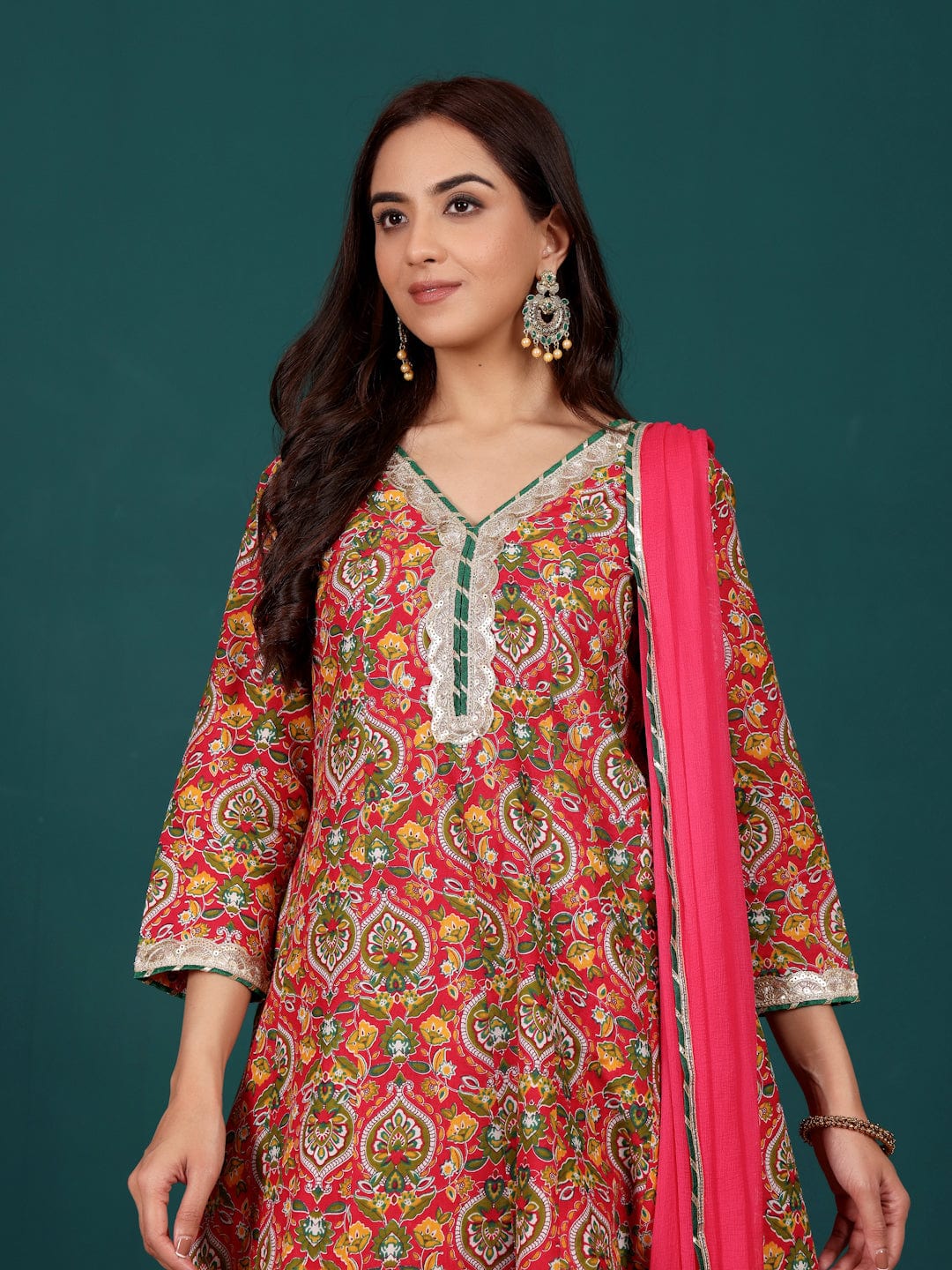 The Kurti Collection Women Ethnic Floral Printed Zari & Sequin Lace Anarkali Kurta With Dhoti Trouser & Dupatta