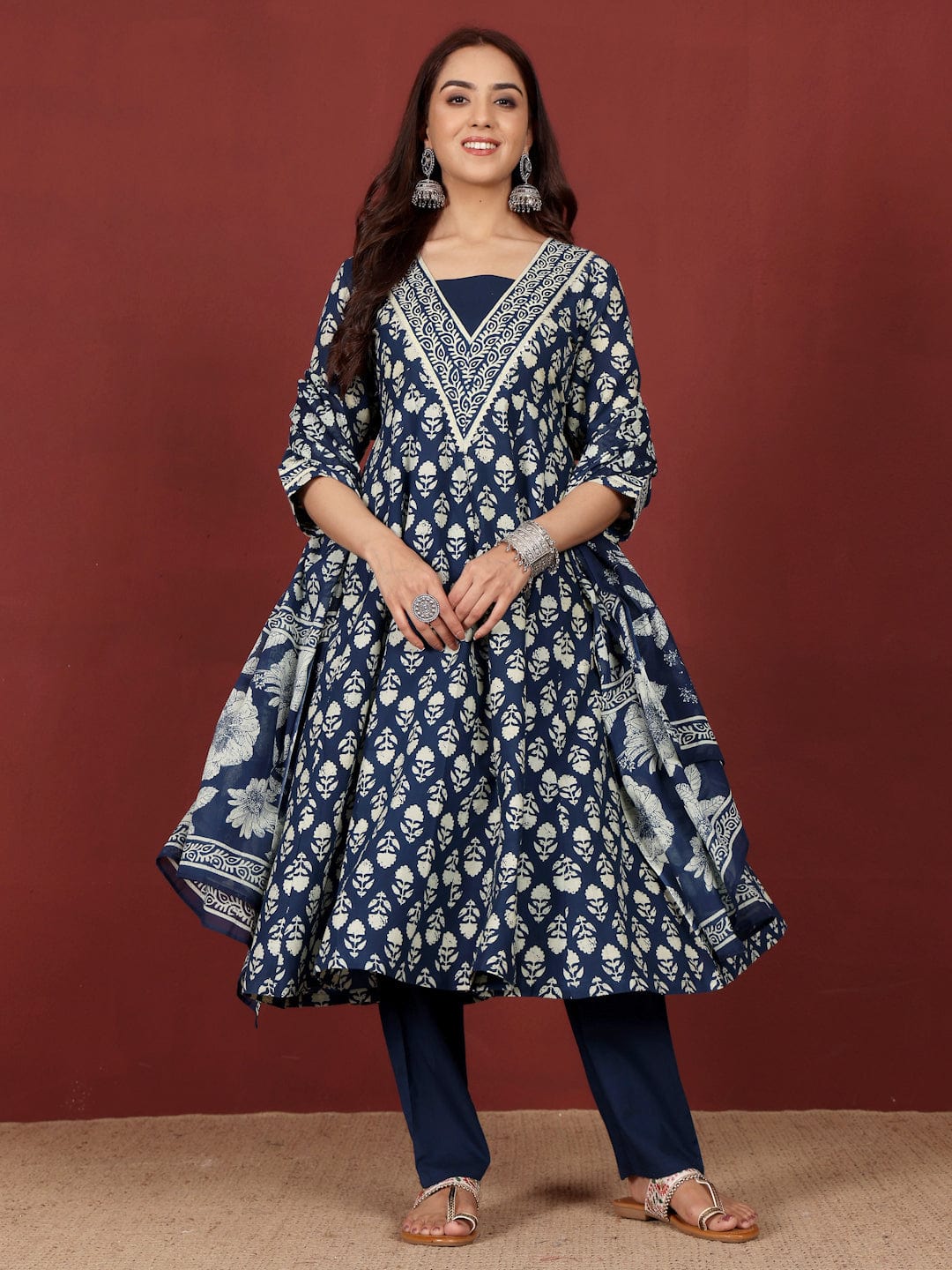 The Kurti Collection Women Ethnic Floral Printed Extedended V Neck Anarkali Kurta With Trouser & Dupatta
