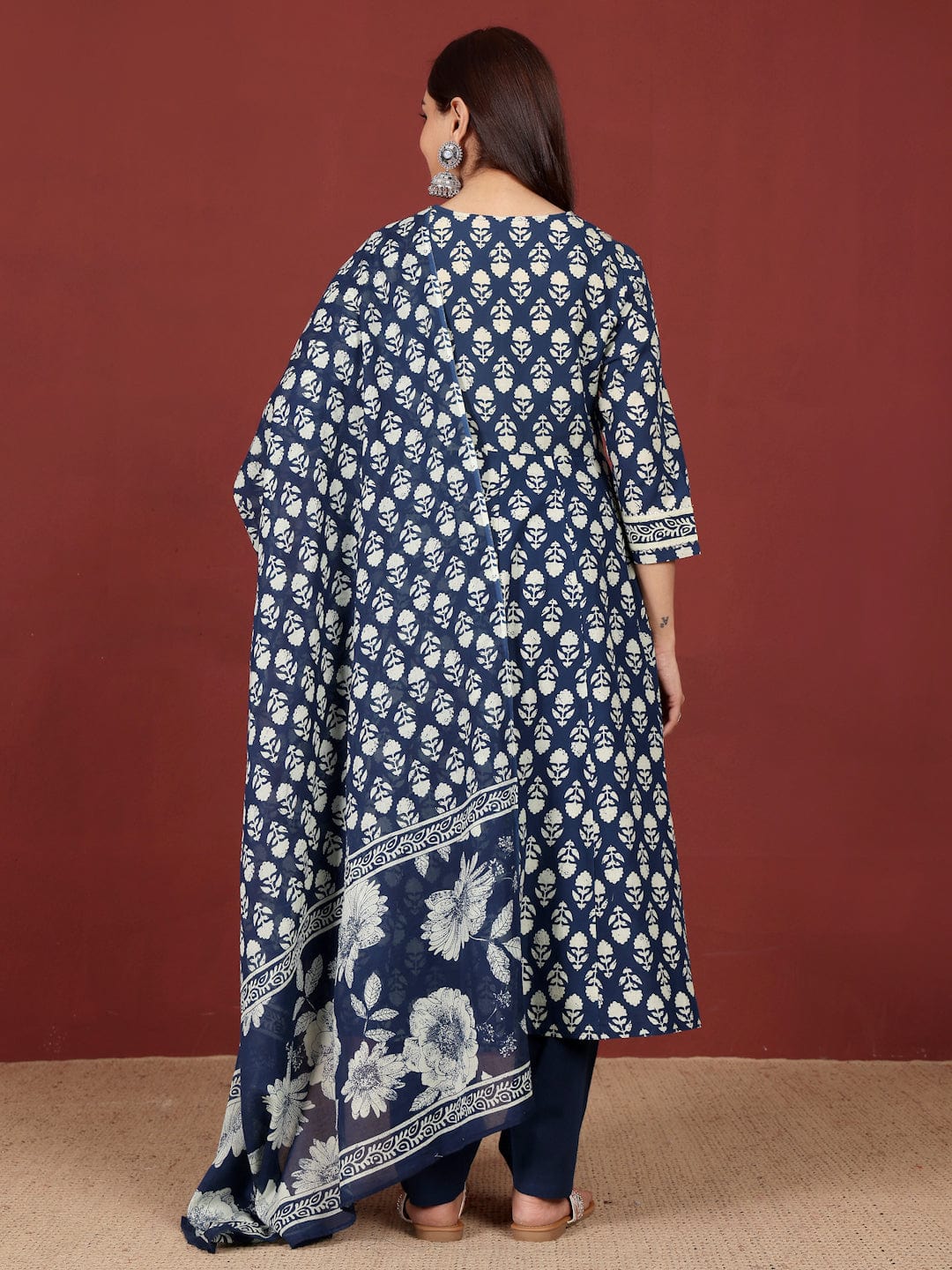 The Kurti Collection Women Ethnic Floral Printed Extedended V Neck Anarkali Kurta With Trouser & Dupatta