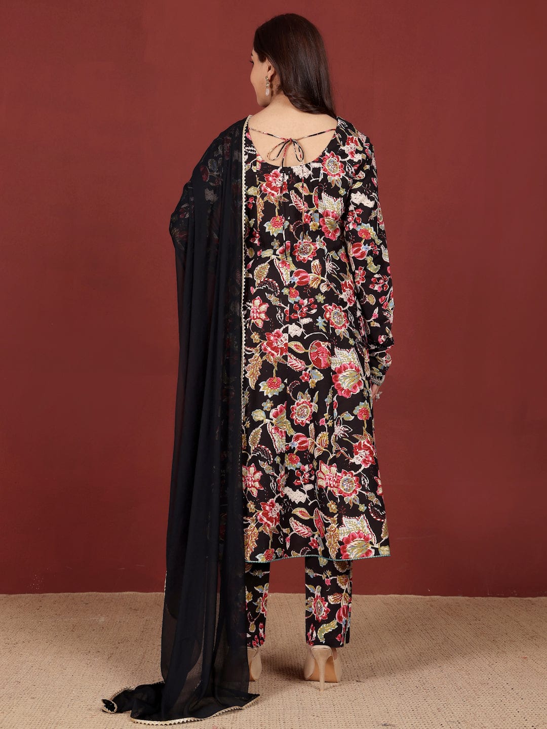 The Kurti Collection Women Ethnic Floral Printed Scoop Neck Anarkali With Trouser & Dupatta