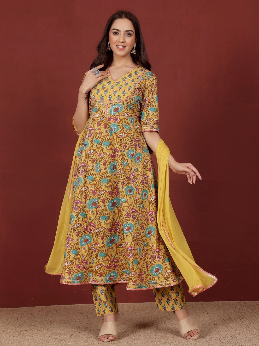The Kurti Collection Women Ethnic Floral Printed Flared Anarkali Kurta With Trouser & Dupatta
