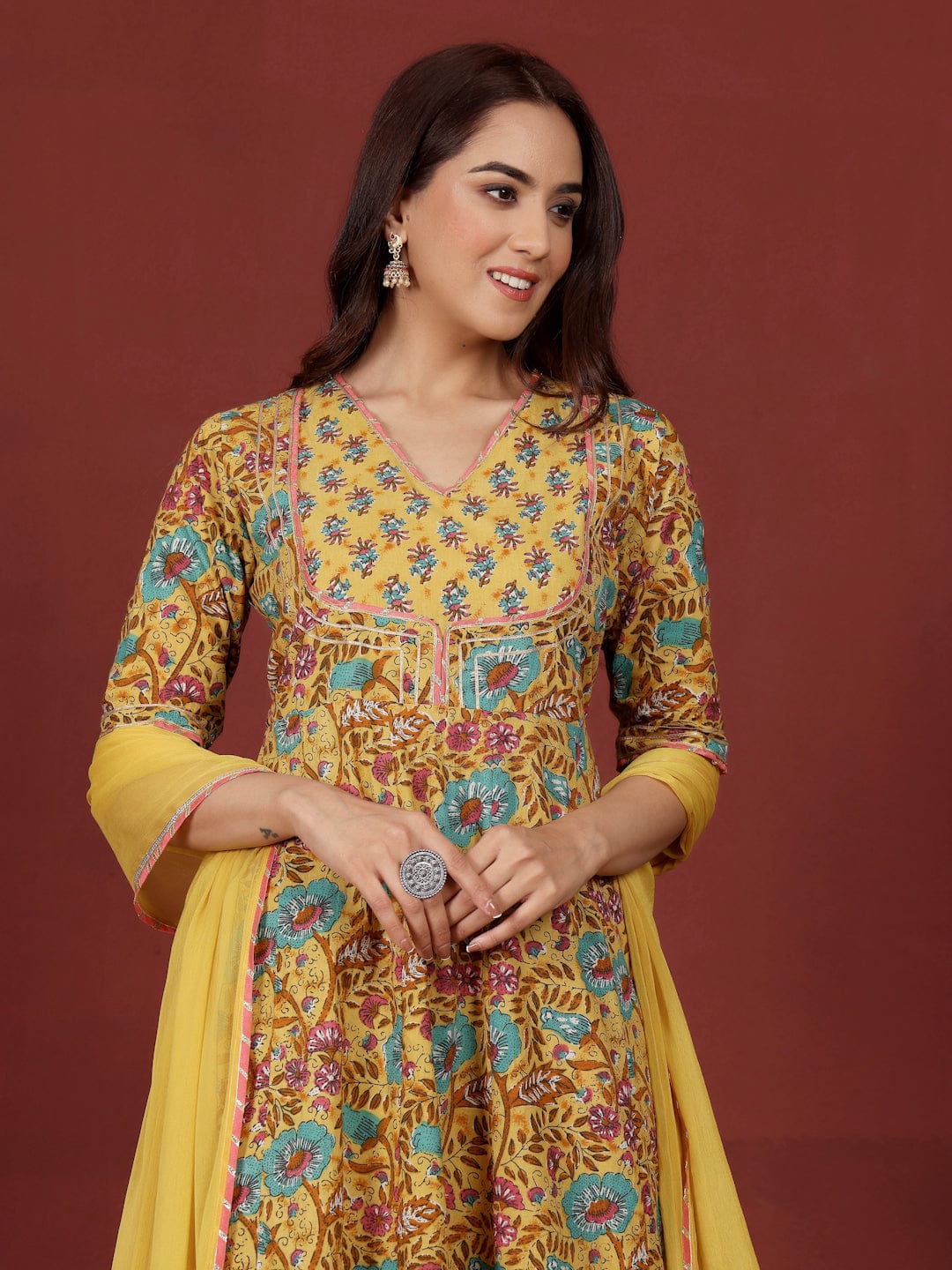 The Kurti Collection Women Ethnic Floral Printed Flared Anarkali Kurta With Trouser & Dupatta