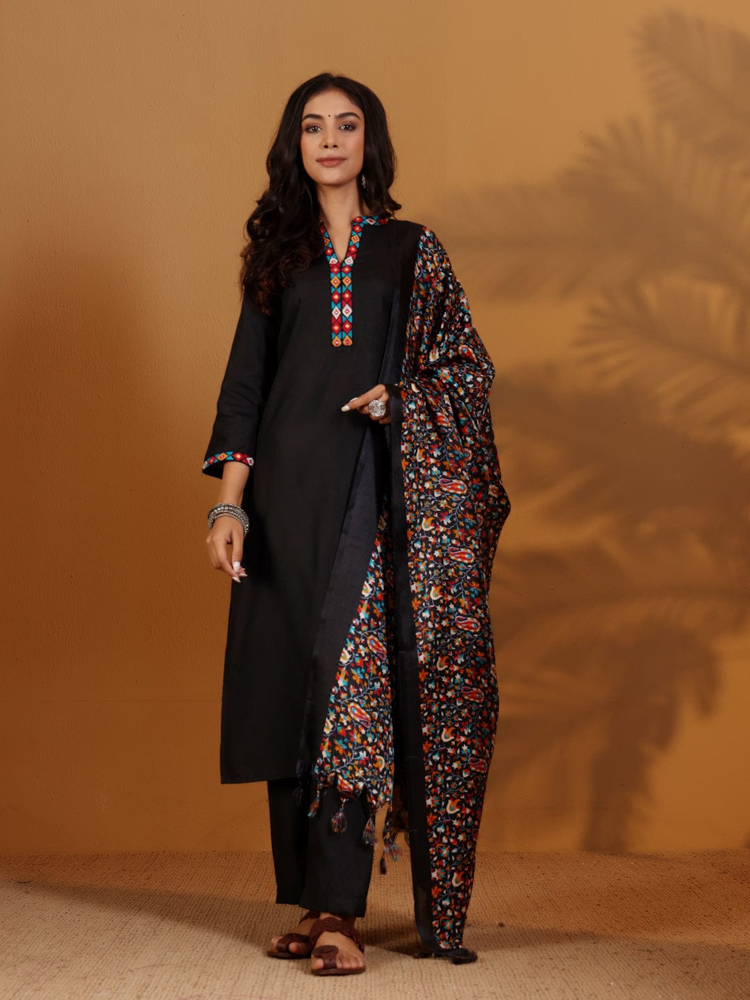 The Kurti Collection Women Mandarin Collar Embroidered Straight Kurta With Trouser & Floral Printed Dupatta