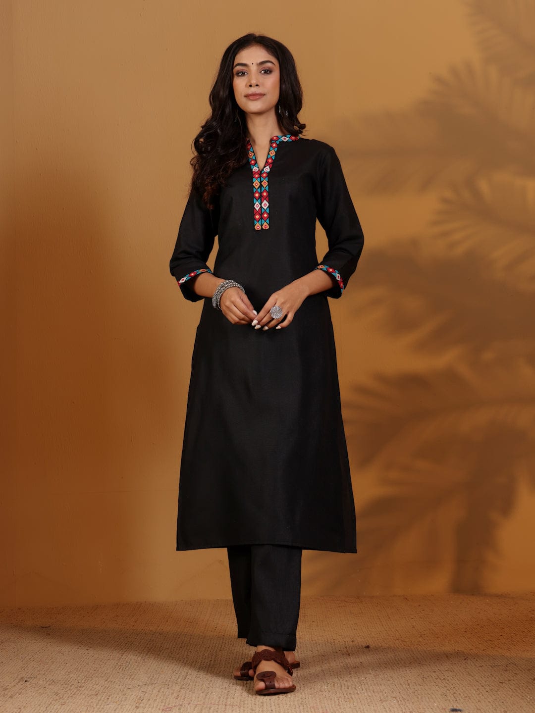 The Kurti Collection Women Mandarin Collar Embroidered Straight Kurta With Trouser & Floral Printed Dupatta