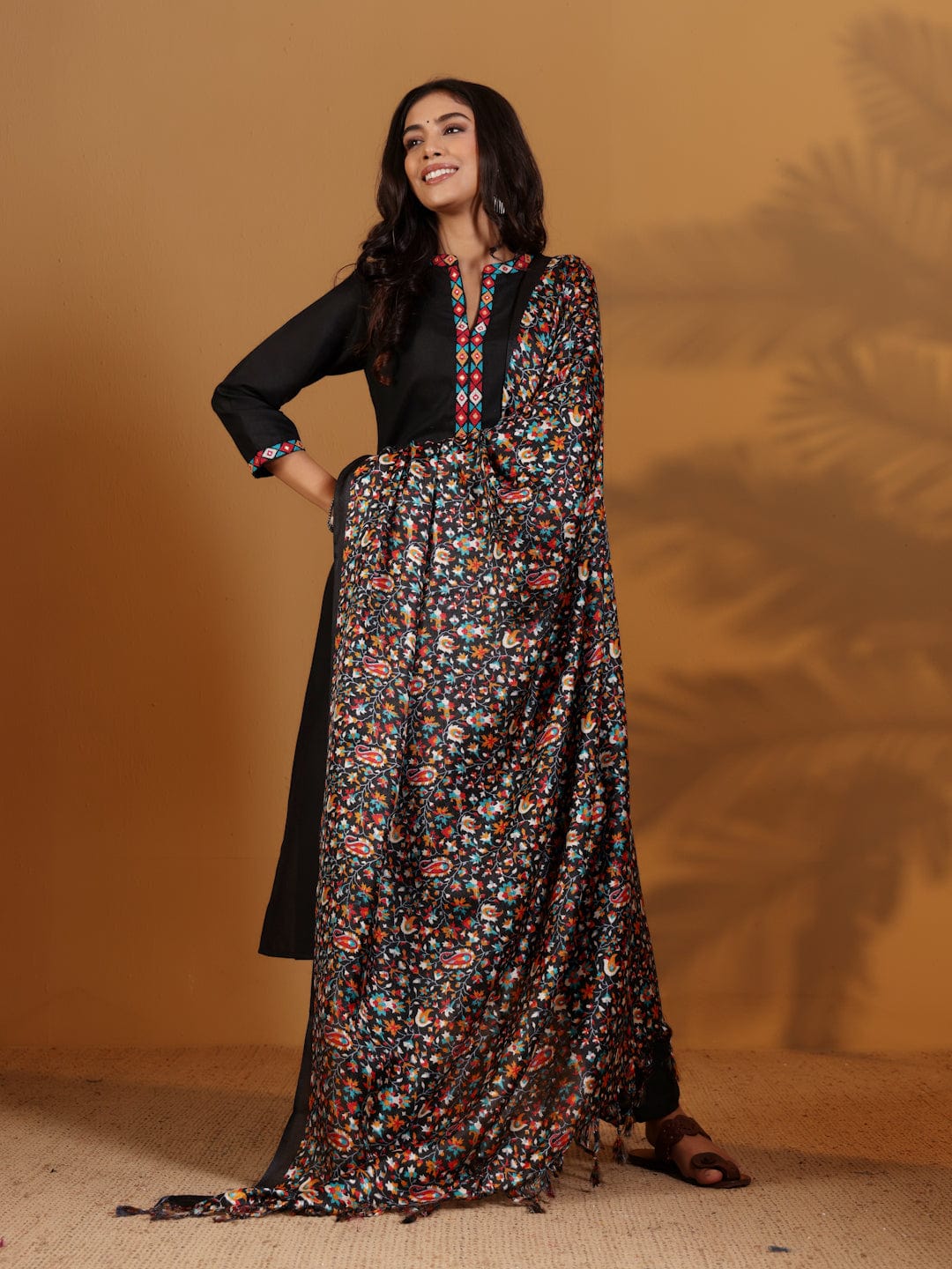 The Kurti Collection Women Mandarin Collar Embroidered Straight Kurta With Trouser & Floral Printed Dupatta
