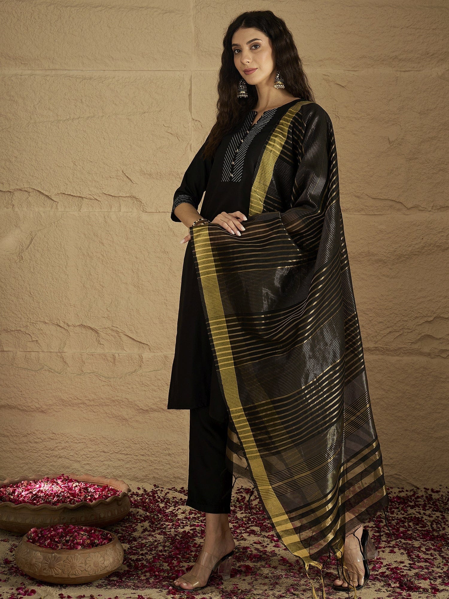 The Kurti Collection Women Thread Embroidered Yoke Kurta With Trouser & Jacquard Dupatta