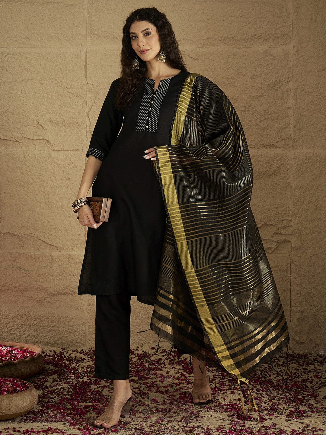 The Kurti Collection Women Thread Embroidered Yoke Kurta With Trouser & Jacquard Dupatta