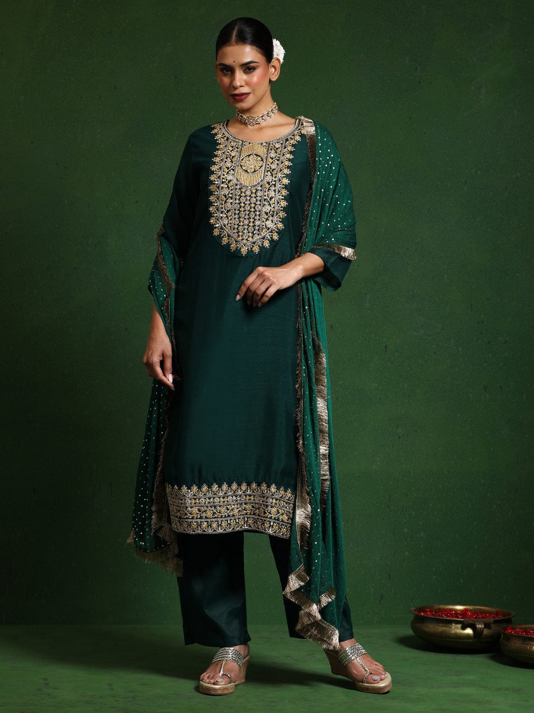 The Kurti Collection Women Zari & Sequin Embroidered Kurta With Trouser & Chiffon Dupatta