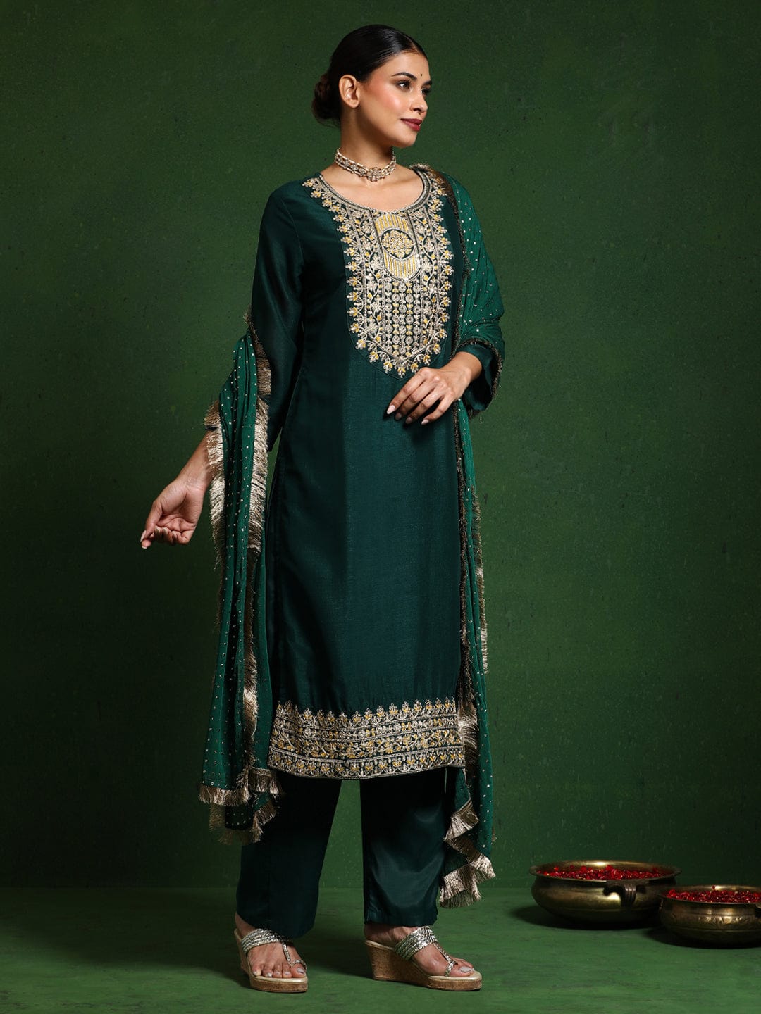 The Kurti Collection Women Zari & Sequin Embroidered Kurta With Trouser & Chiffon Dupatta