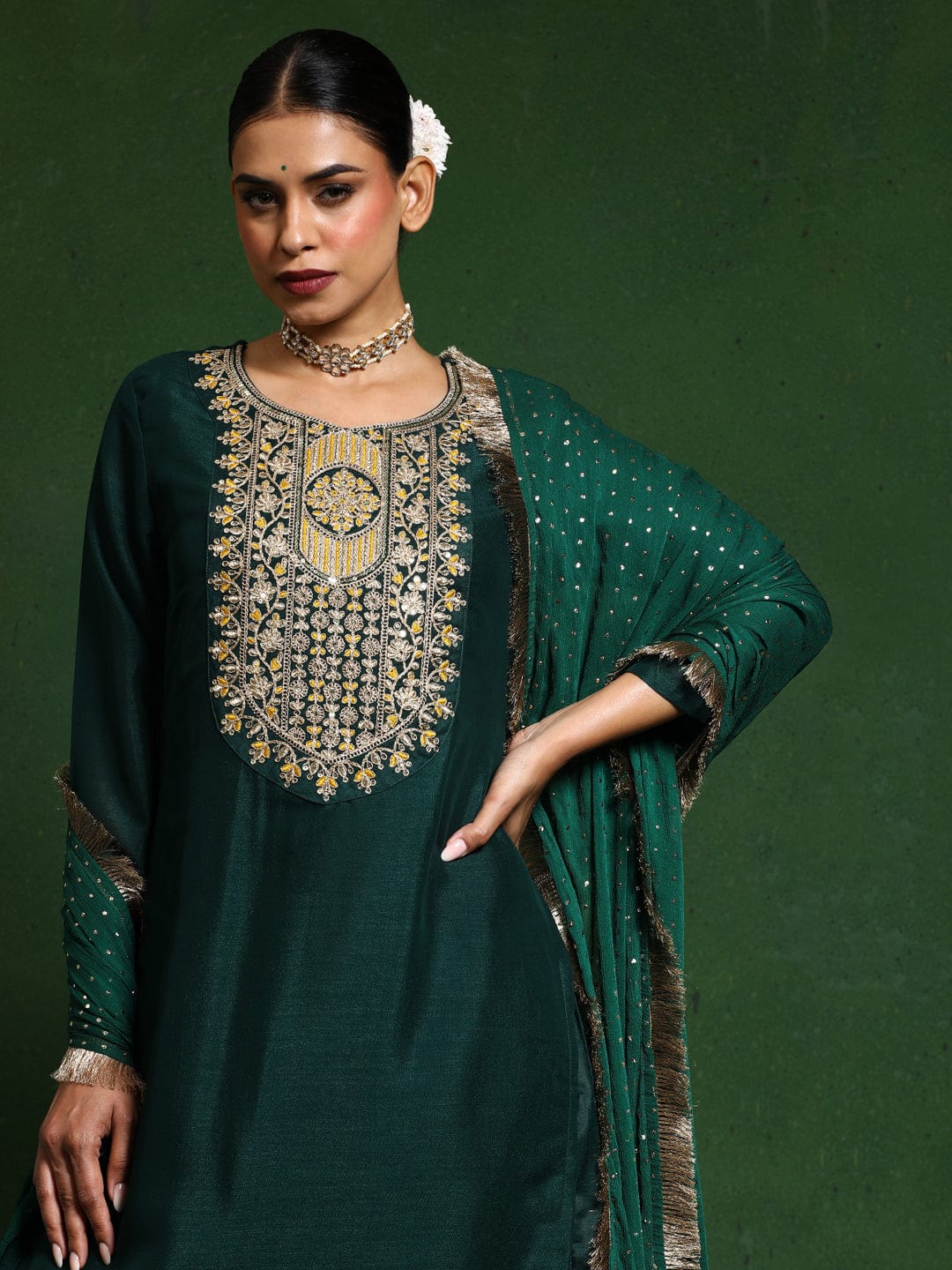 The Kurti Collection Women Zari & Sequin Embroidered Kurta With Trouser & Chiffon Dupatta