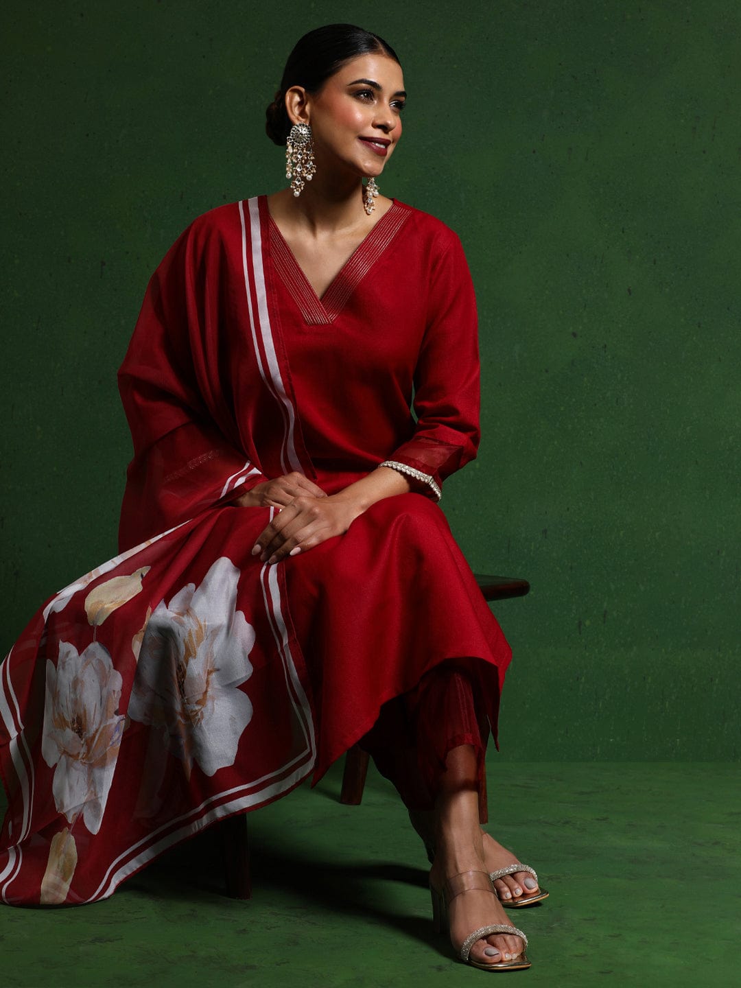 The Kurti Collection Women Thread Embroidere Yoke With Lace Detailing Kurta And Trouser With Dupata