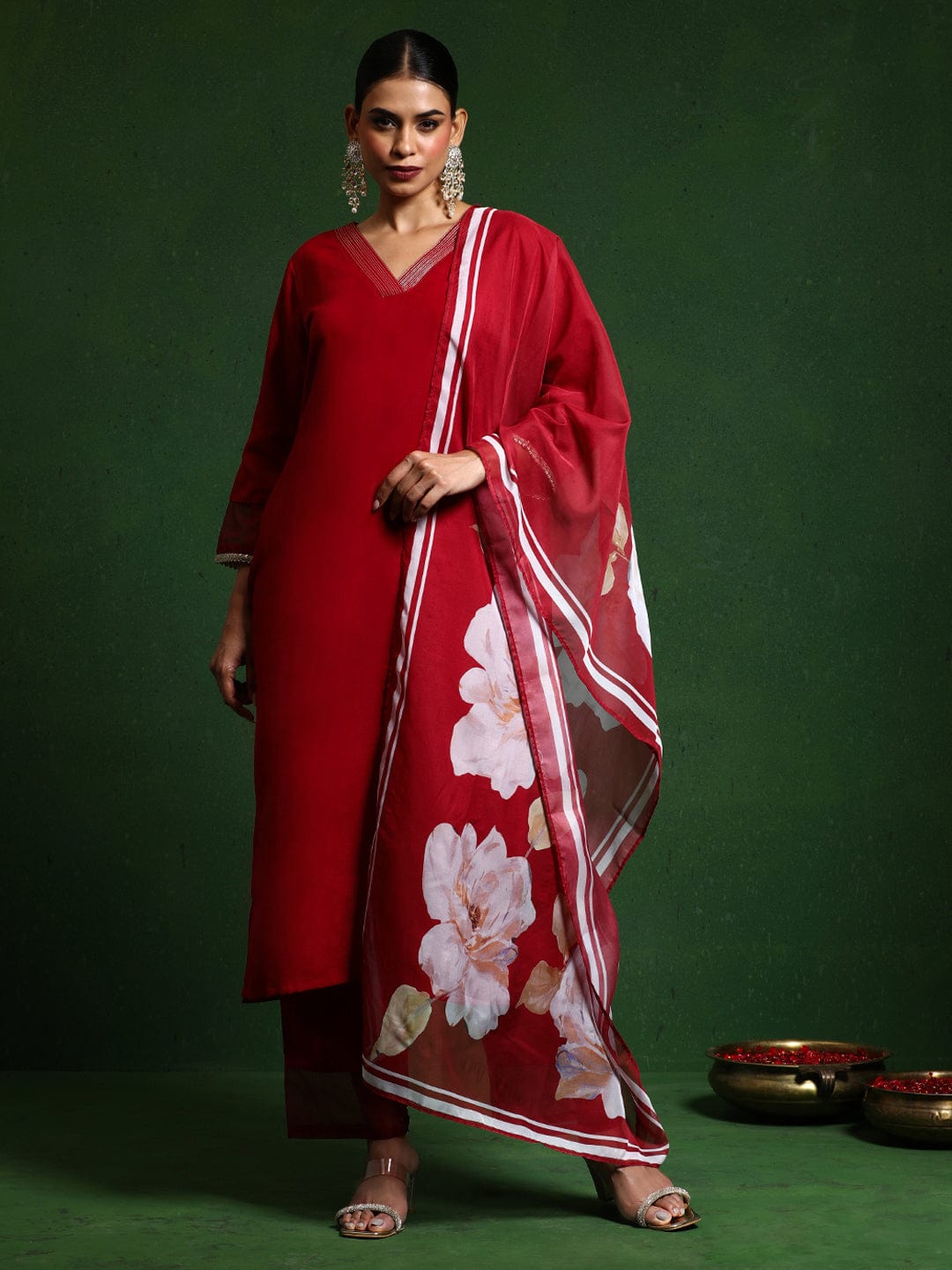 The Kurti Collection Women Thread Embroidere Yoke With Lace Detailing Kurta And Trouser With Dupata