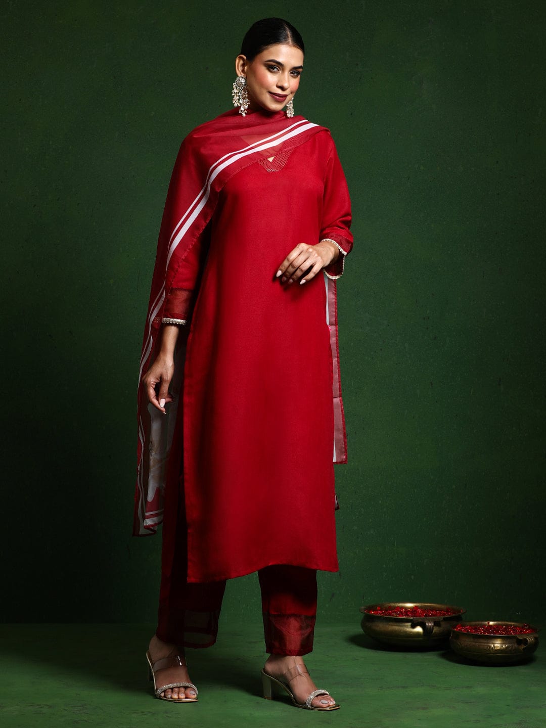 The Kurti Collection Women Thread Embroidere Yoke With Lace Detailing Kurta And Trouser With Dupata