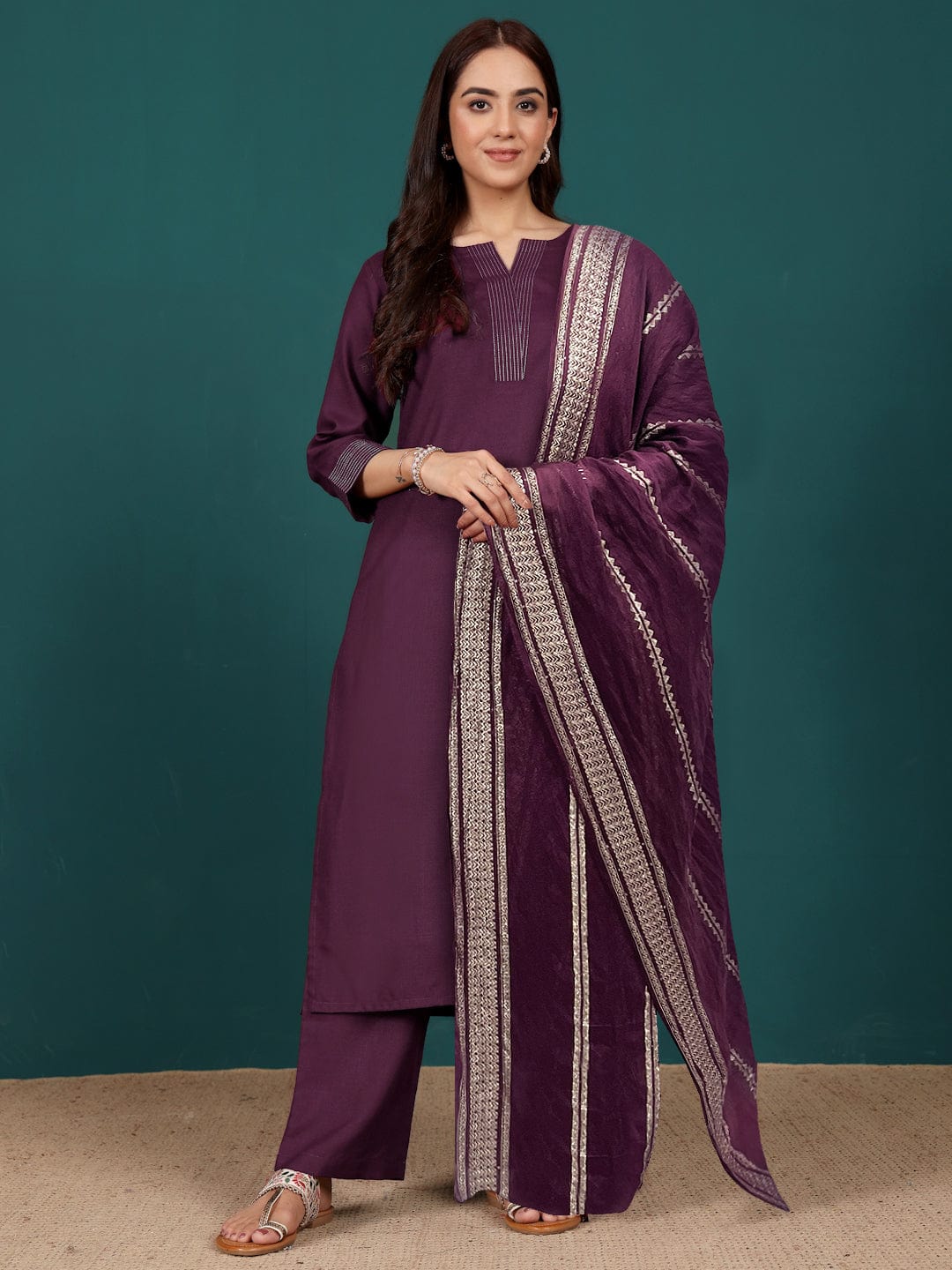 The Kurti Collection Women Zari Couching Detailed Kurta with Trouser & Dupatta