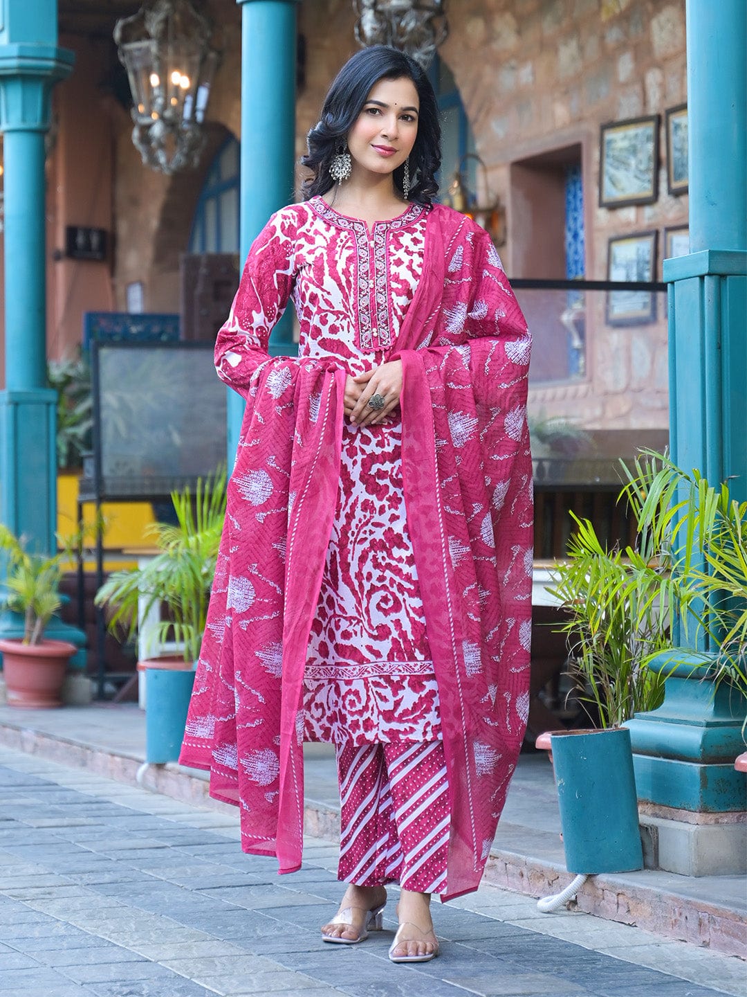 The Kurti Collection Women Pink Floral Printed Thread Embroidered Cotton Kurta With Trouser & Dupatta
