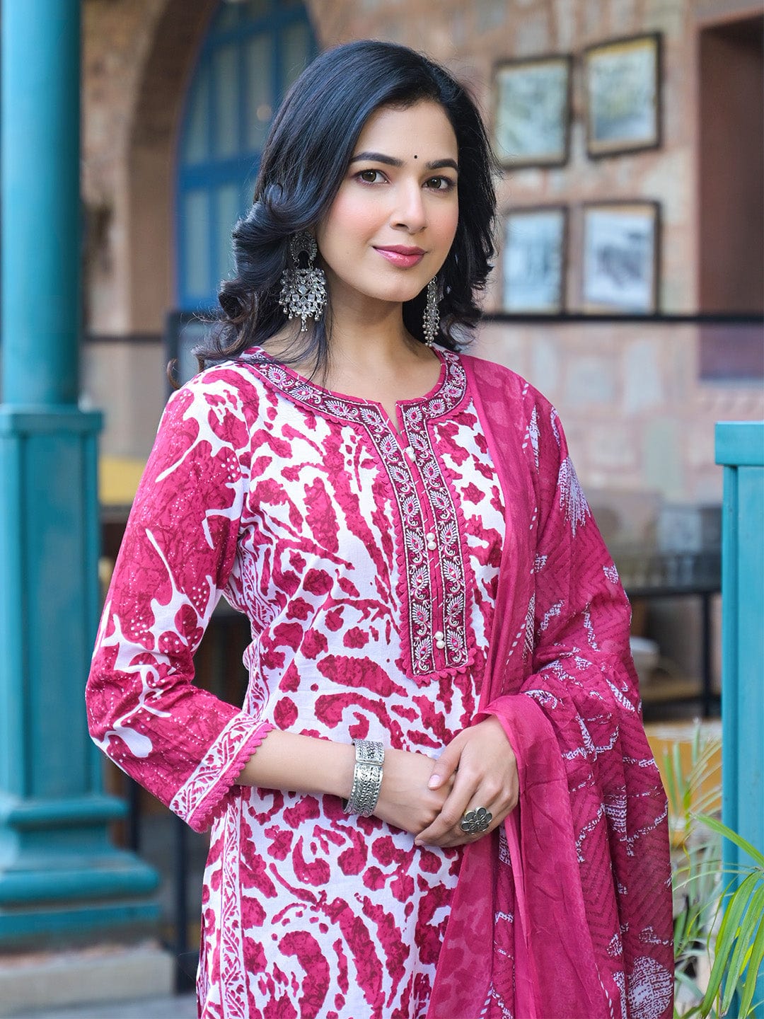 The Kurti Collection Women Pink Floral Printed Thread Embroidered Cotton Kurta With Trouser & Dupatta