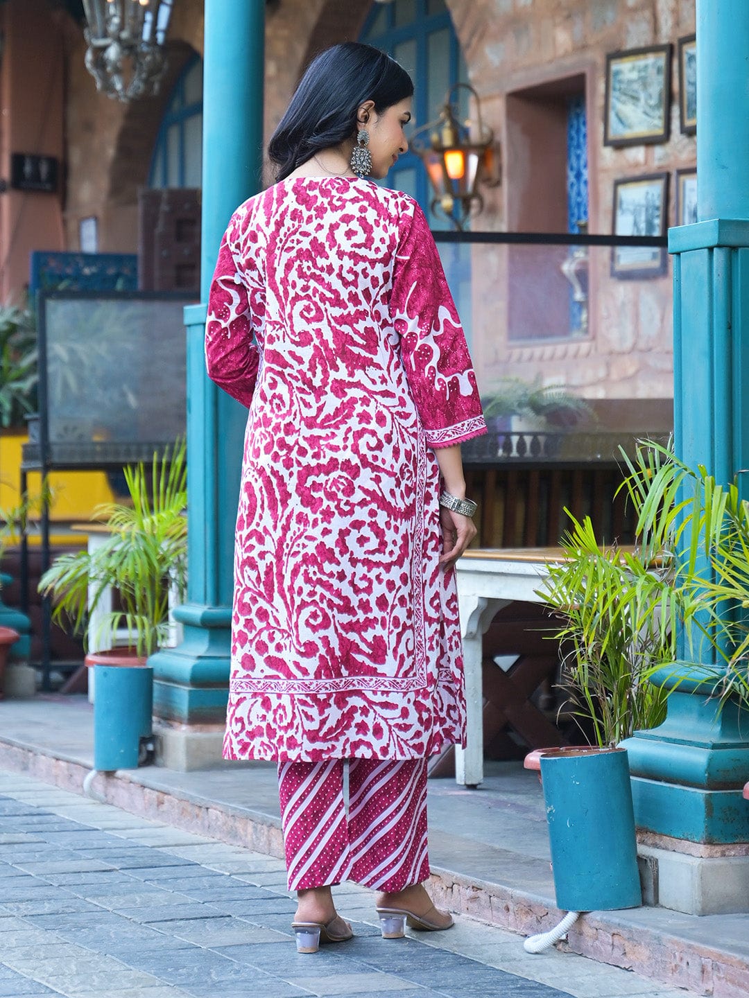The Kurti Collection Women Pink Floral Printed Thread Embroidered Cotton Kurta With Trouser & Dupatta