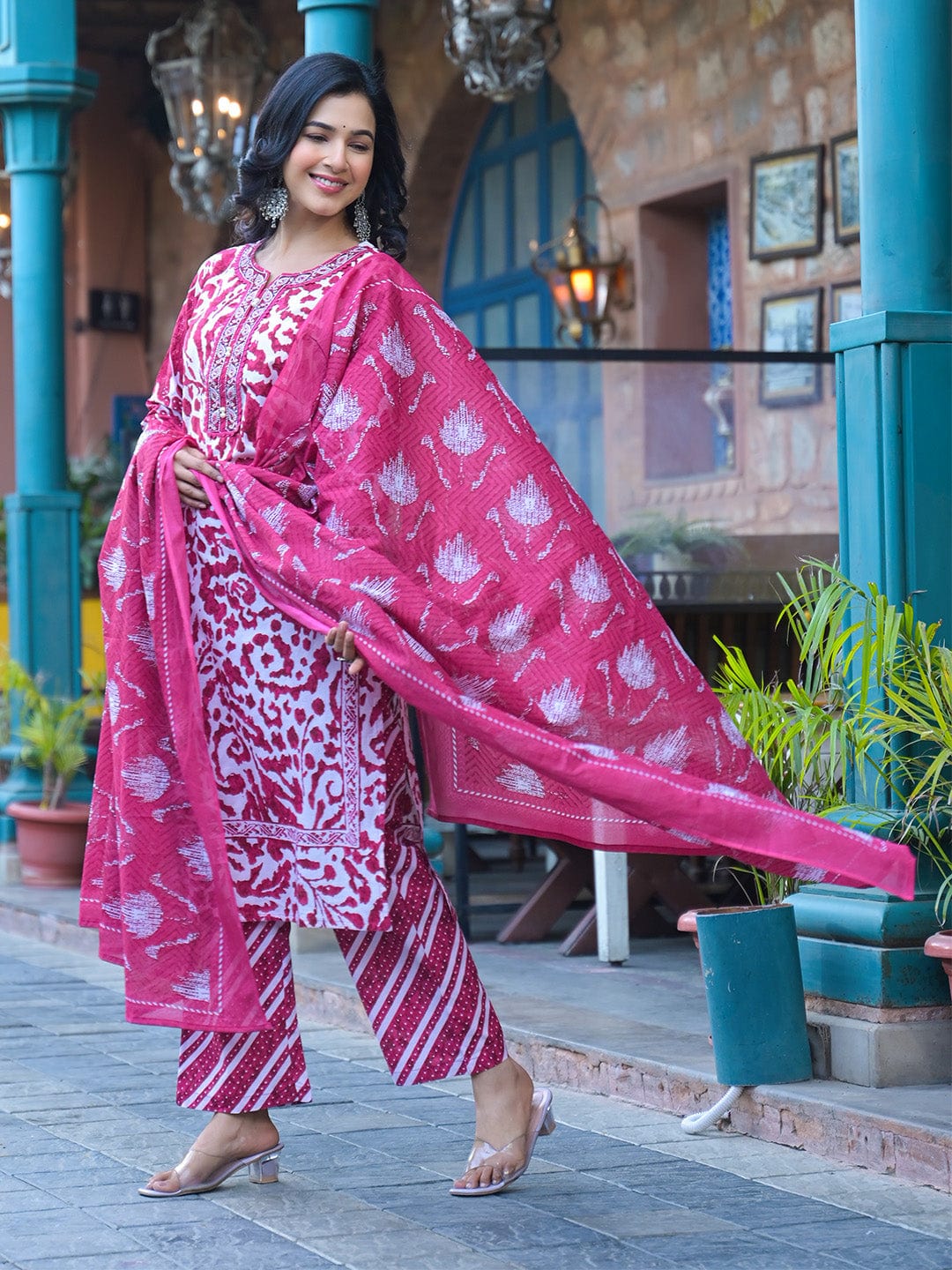 The Kurti Collection Women Pink Floral Printed Thread Embroidered Cotton Kurta With Trouser & Dupatta