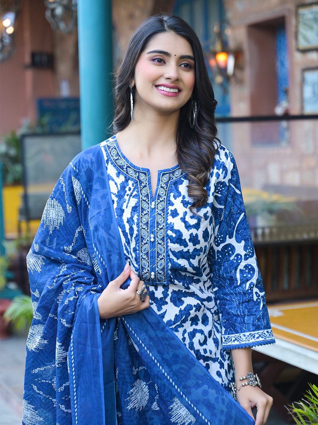 The Kurti Collection Women Blue Floral Printed Thread Embroidered Cotton Kurta With Trouser & Dupatta