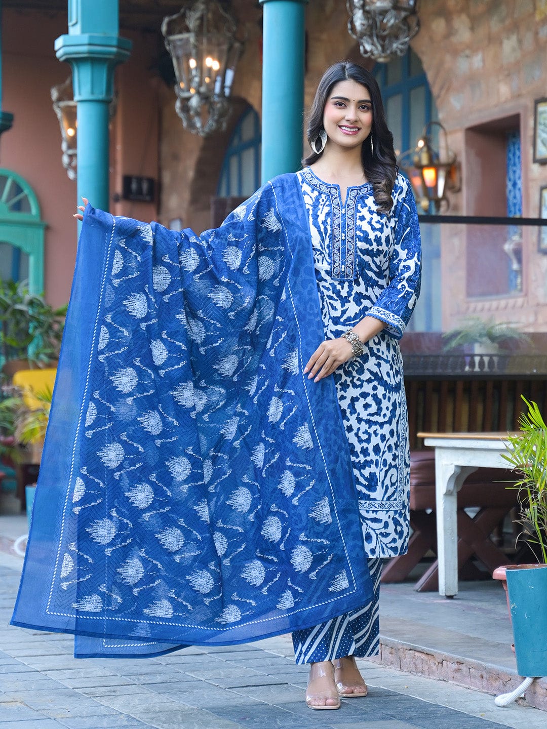 The Kurti Collection Women Blue Floral Printed Thread Embroidered Cotton Kurta With Trouser & Dupatta