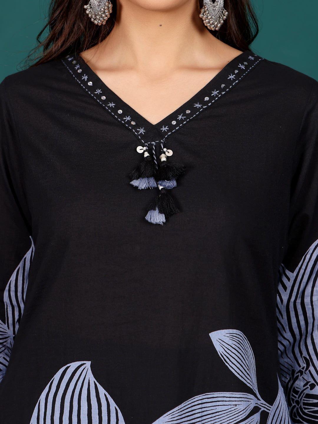 Bold Floral Printed V Neck Embroidered Kurta With Trouser & Dupatta