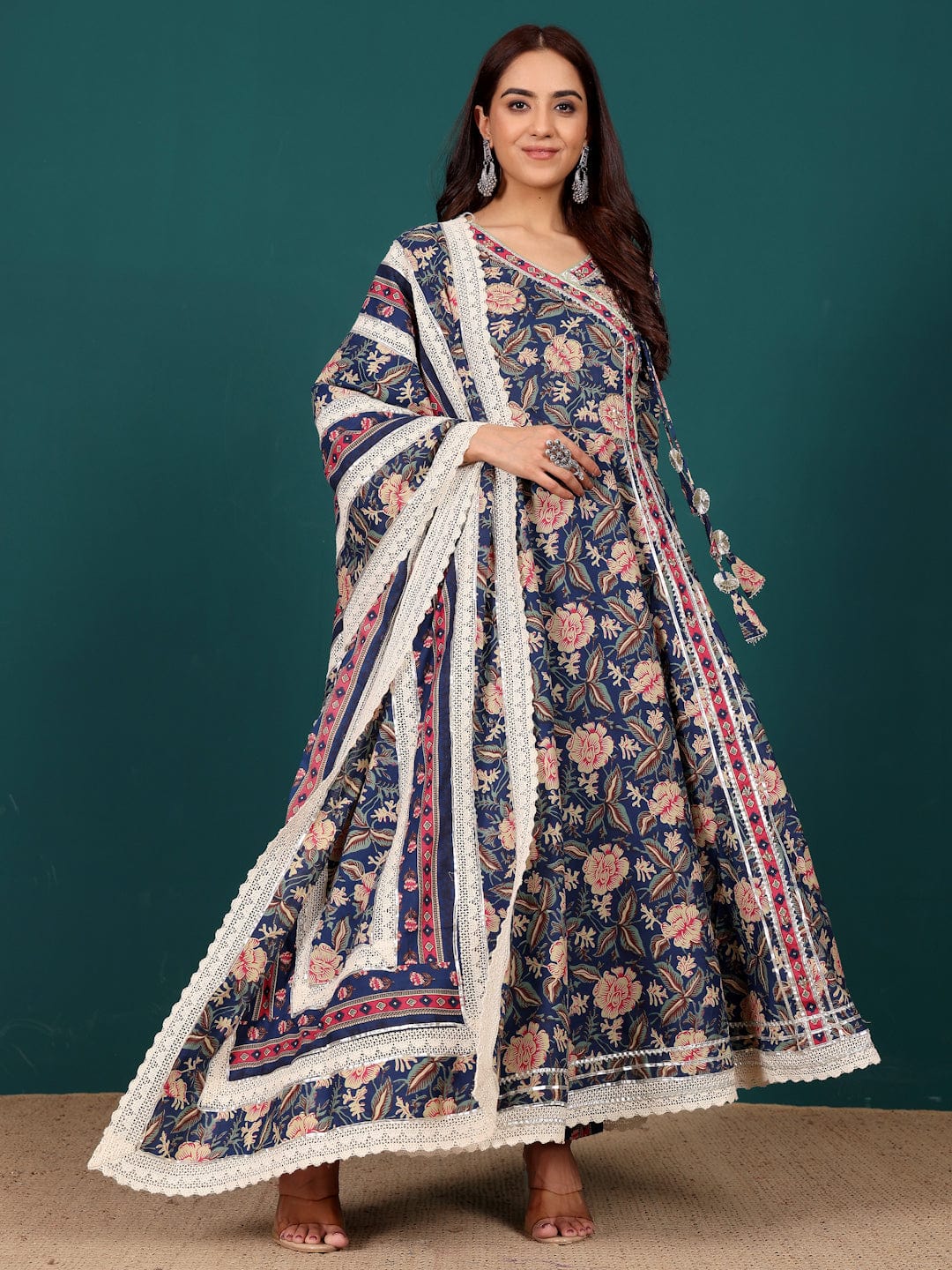 The Kurti Collection Women Floral Printed Angrakha Anarkali Kurta With Trouser & Dupatta