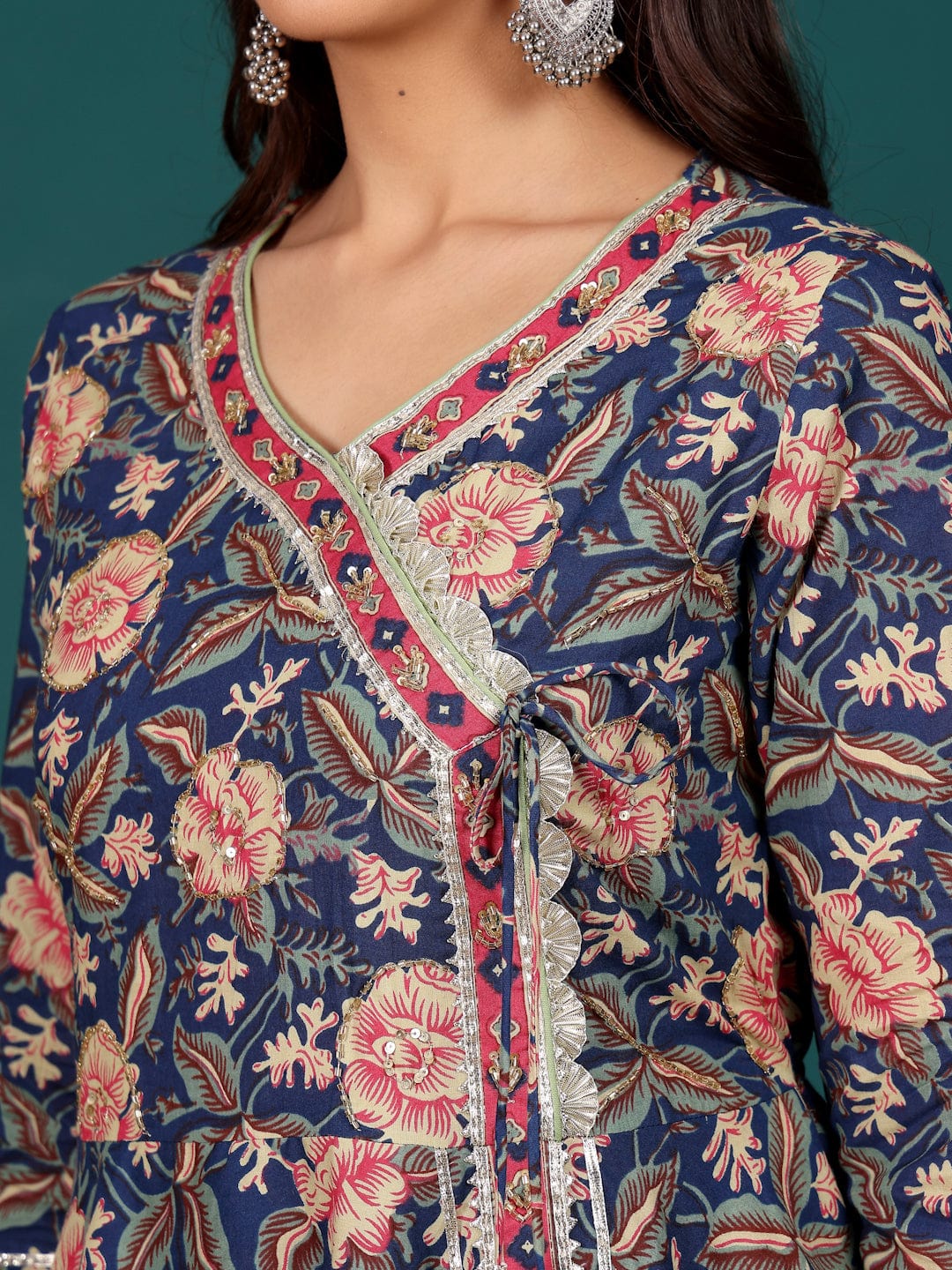 The Kurti Collection Women Floral Printed Angrakha Anarkali Kurta With Trouser & Dupatta