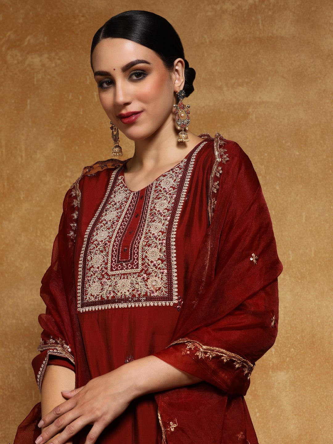 The Kurti Collection Women-Zari Embroidered Yoke Kurta With Trouser & Dupatta