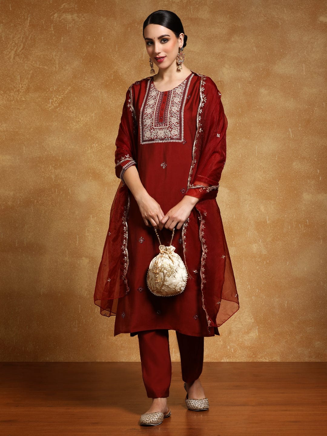 The Kurti Collection Women-Zari Embroidered Yoke Kurta With Trouser & Dupatta