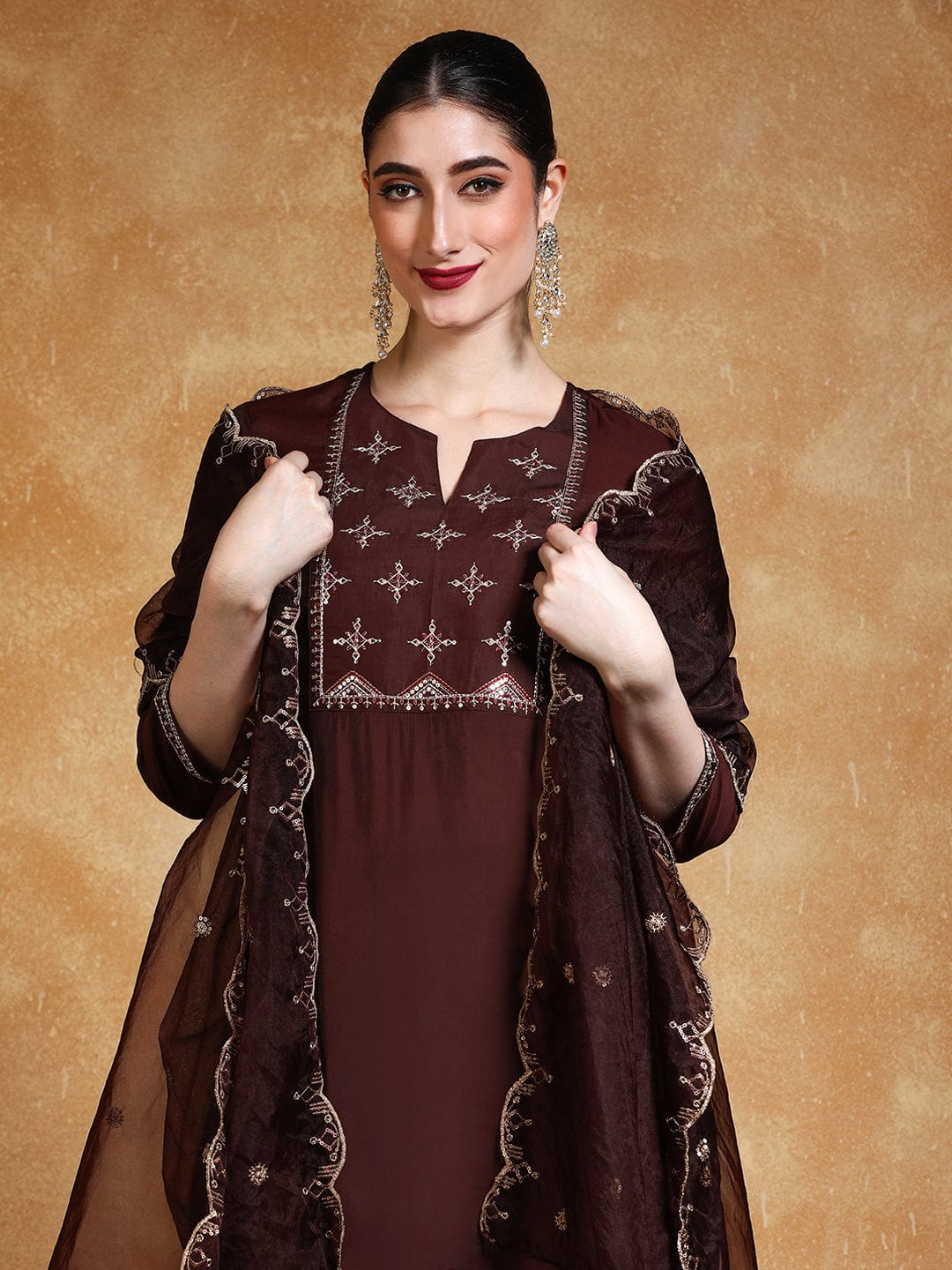 The Kurti Collection Women Thread & Sequin Embroidered Yoke Kurta With Trouser & Dupatta