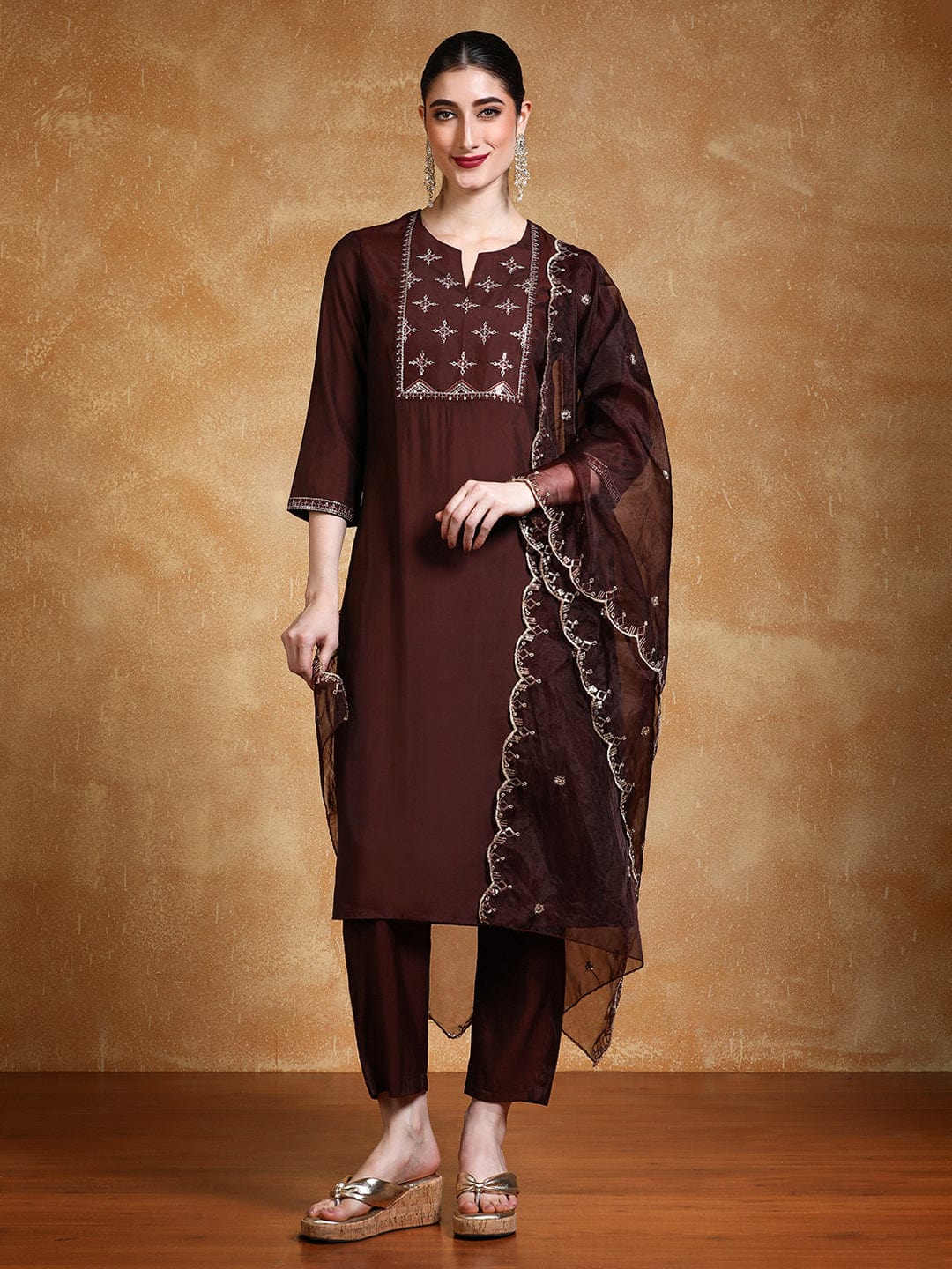 The Kurti Collection Women Thread & Sequin Embroidered Yoke Kurta With Trouser & Dupatta